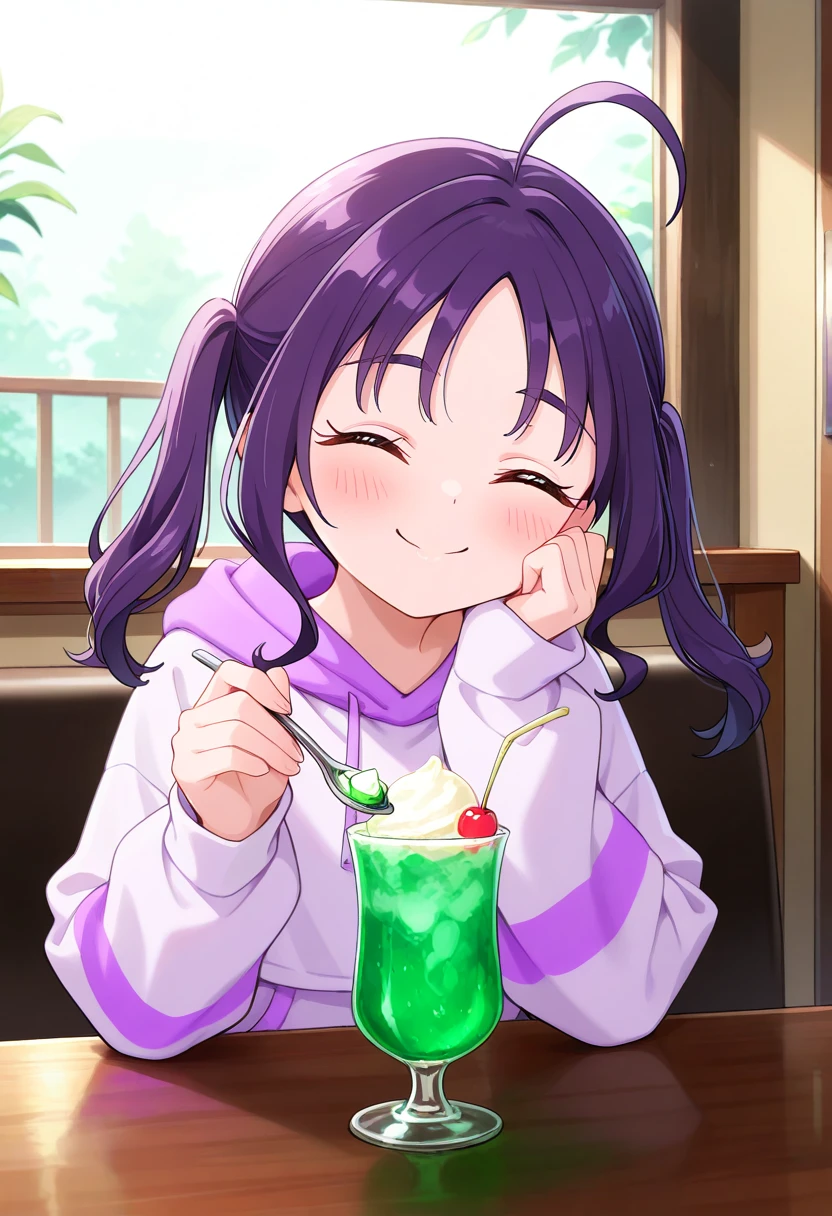 masterpiece, best quality, absurdres, very aesthetic, general,
shigure kokoro, casual, 1girl, purple hair, closed eyes, smile, solo, ahoge, spoon, hand on own face, blush, white hoodie, holding spoon, long sleeves, hand on own cheek, twintails, closed mouth, upper body, long hair, hood down, eyebrows visible through hair, drawstring, sidelocks, facing viewer, ^ ^, indoors, door, parted bangs, happy, purple hoodie, thick eyebrows, short eyebrows, hand up, medium hair, pink hoodie, split mouth, sleeves past wrists, hooded sweater, swept bangs, eyelashes, shiny hair, floating hair, white jacket, two-tone hoodie, dot nose, looking at viewer, white hood, white sweater, ice cream float, table, cherry, melon soda, ice cream, holding spoon, drinking glass, cafe, feeding, dessert,
<lora:cure_kyunkyun_shigure_kokoro_illustXL_locon_v1:0.7>