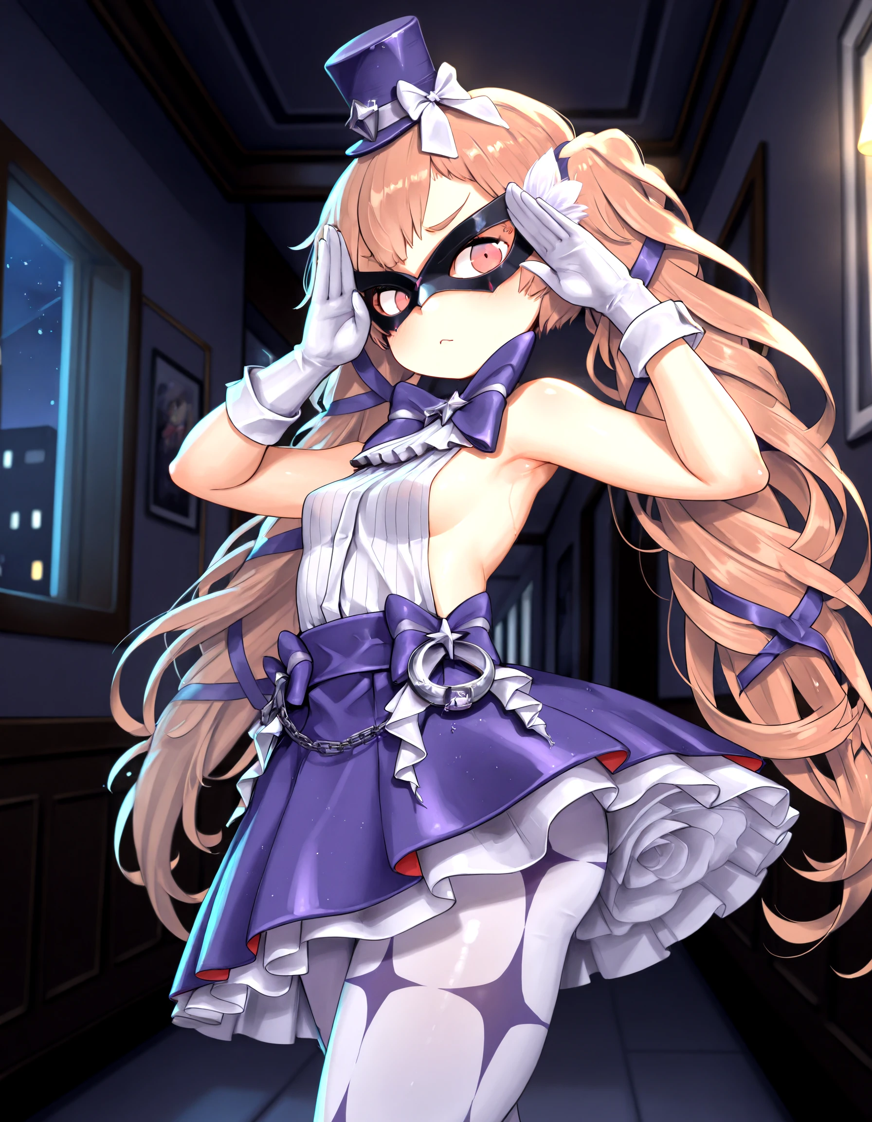 masterpiece,best quality,absurdres, amazing quality <lora:MirandaNikkeIllust16V7-000005:0.99> miranda_thief_of_justice, bare_shoulders, white_shirt, mini_hat, star_pantyhose, purple_hair_ribbons, domino_mask, handcuff_charm, gloves, night, indoors, hallway, solo, small_breasts, purple_skirt, facing_viewer,
