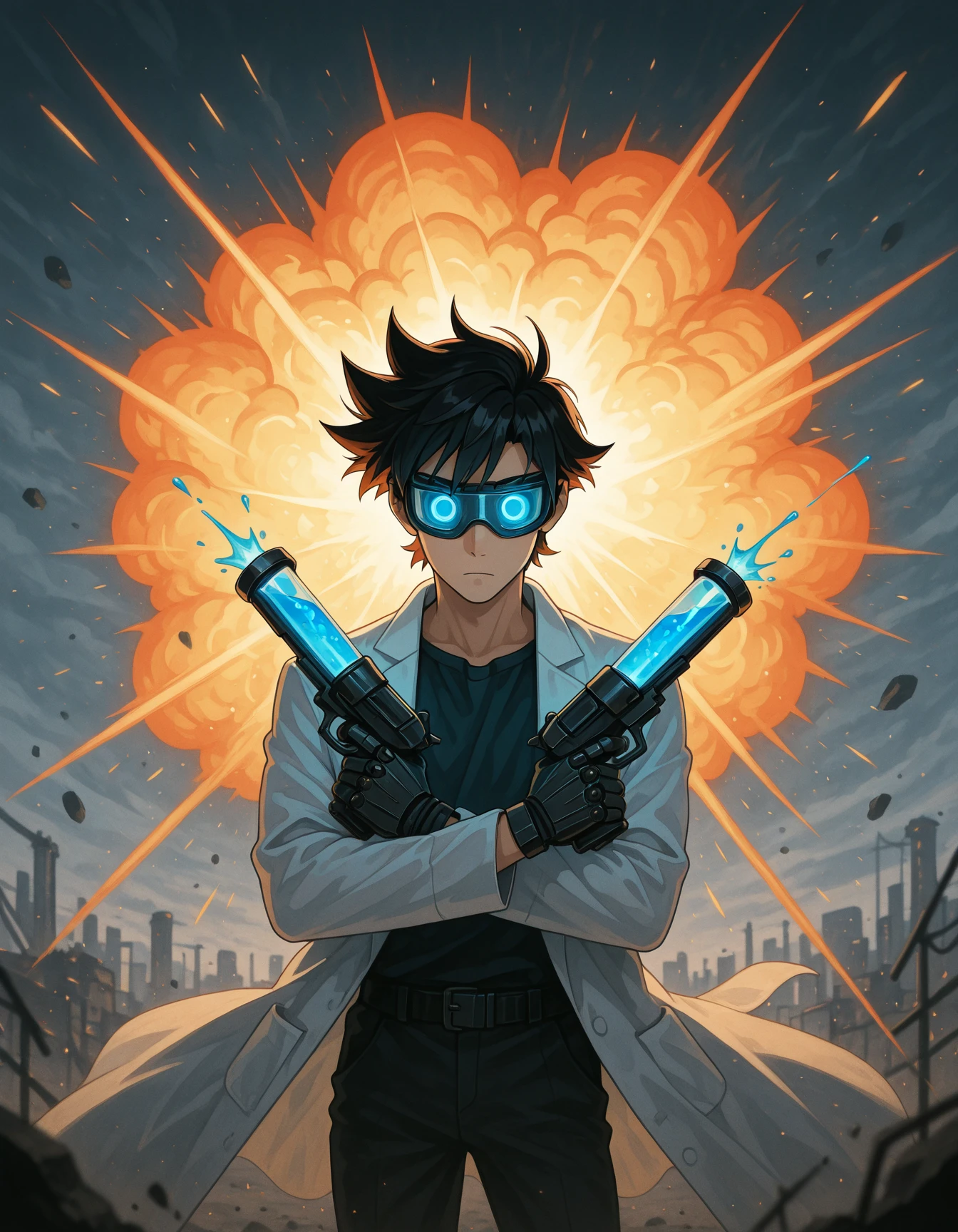 Flatline, Flat vector illustration,,masterpiece, best quality, good quality, very aesthetic, absurdres, newest, 8K, depth of field, focused subject, dynamic angle, A wild-haired anime scientist with glowing goggles and a lab coat flying behind them, crossing two mechanical guns infused with glowing chemicals. Colorful explosions in test tubes behind them. The pistols are built from scrap tech and insanity. <lora:XPistolPoseIL:1> x pistol pose