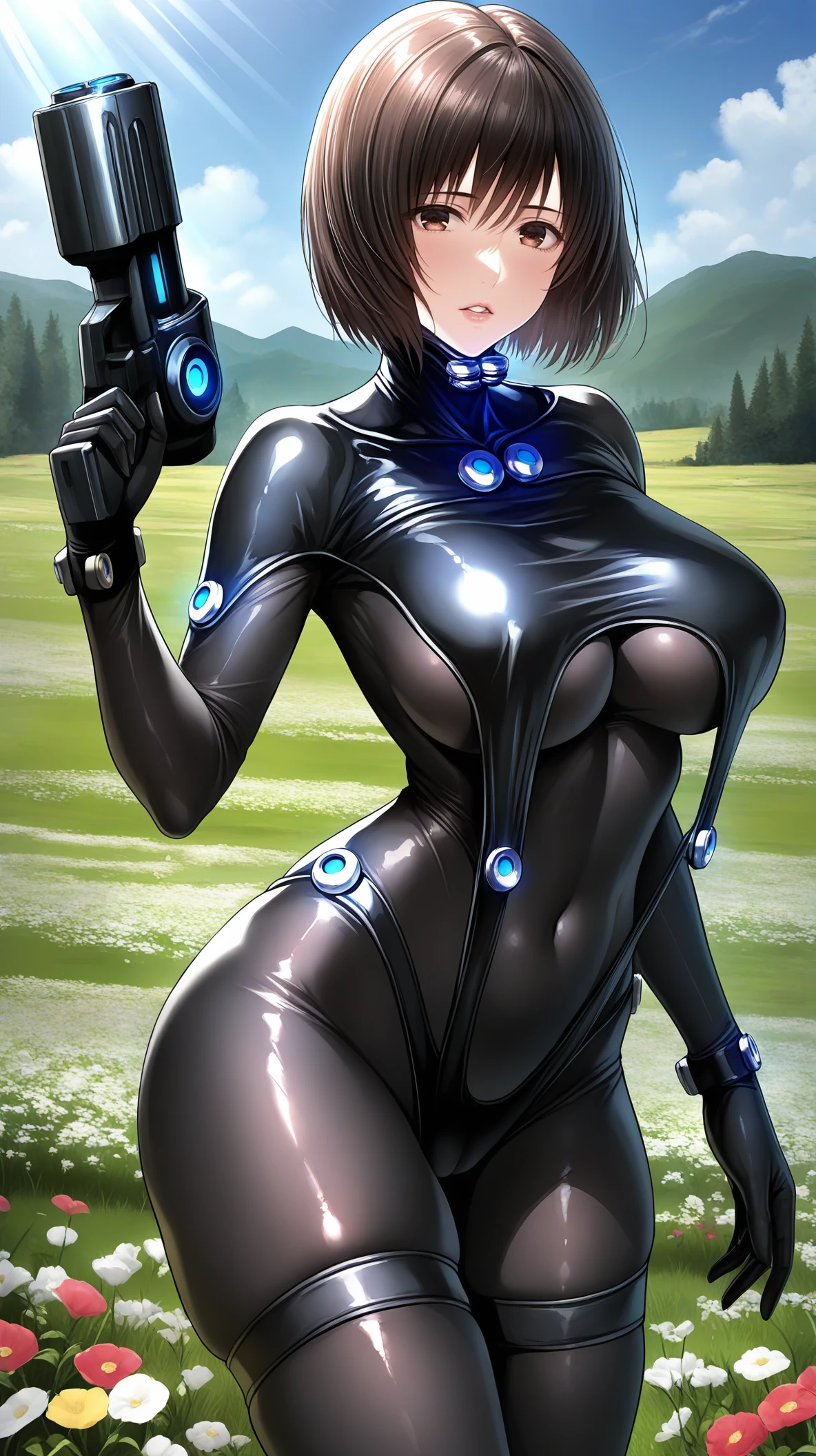 (work of art, Best quality, absurd, 4K, aesthetics, perfect eyes, perfect face, detailed, intricate, Perfect Lighting) 1 girl with fair skin, dark short hair, wears a dark red and black futuristic bodysuit, heroine , queen of an alien race, warrior, gentle smile