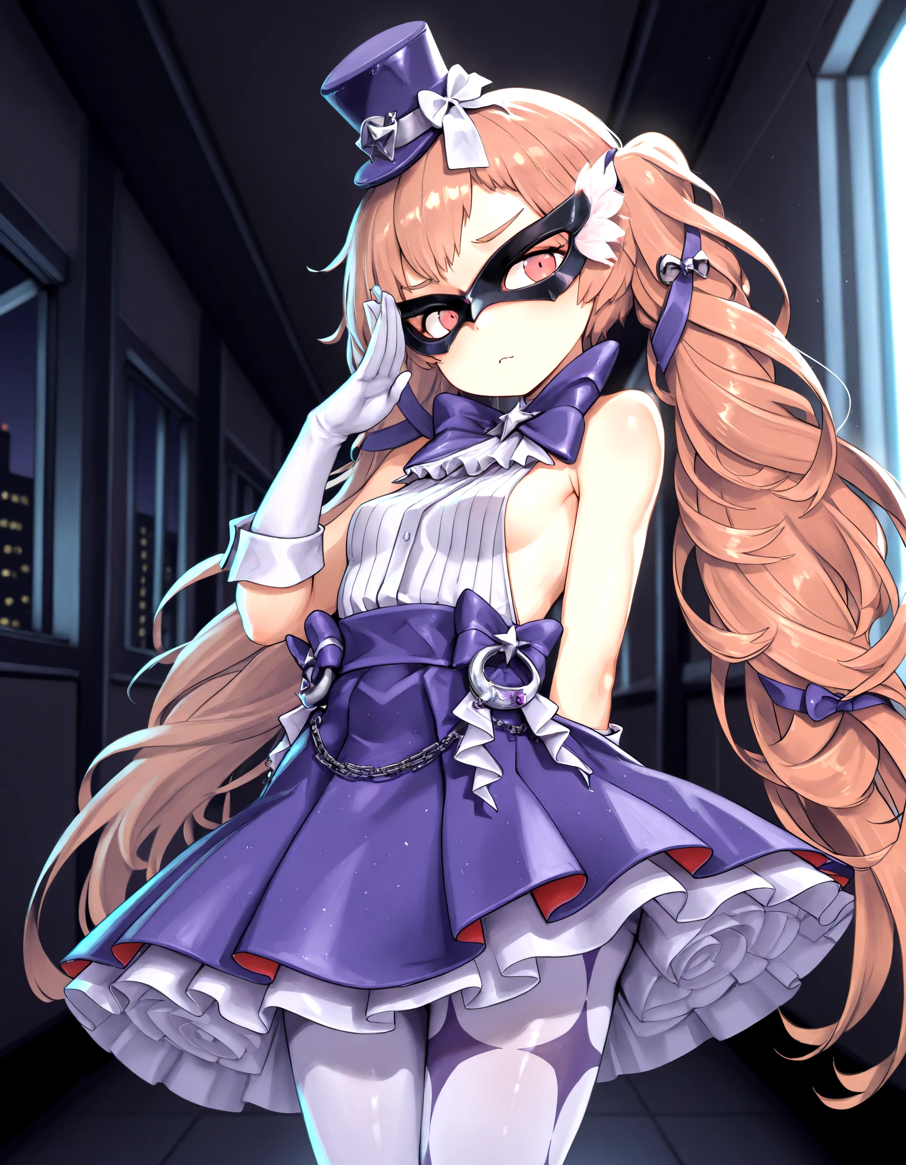 masterpiece,best quality,absurdres, amazing quality <lora:MirandaNikkeIllust16V7-000005:0.99> miranda_thief_of_justice, bare_shoulders, white_shirt, mini_hat, star_pantyhose, purple_hair_ribbons, domino_mask, handcuff_charm, gloves, night, indoors, hallway, solo, small_breasts, purple_skirt, facing_viewer,