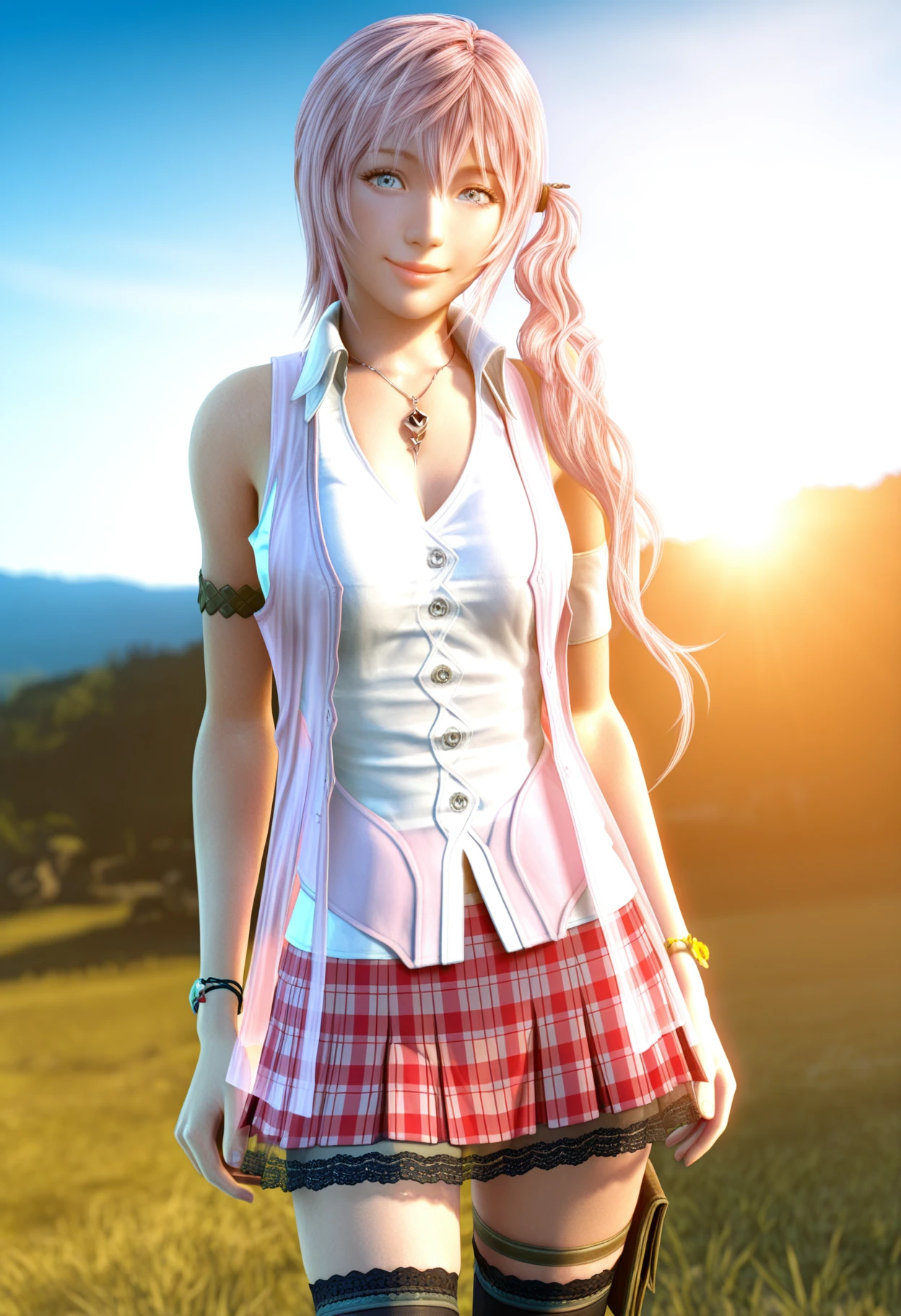 masterpiece, best quality, amazing quality, very aesthetic, high resolution, ultra-detailed, absurdres, newest, scenery, 1girl, solo, game cg, game screenshot, 3d, realistic, <lora:Serah [Illustrious] Final Fantasy XIII:1>, blue eyes, pink hair, long hair, side ponytail, necklace, pendant, pink vest, see-through clothes, white shirt, sleeveless shirt, armlet, armband, bracelet, red skirt, plaid skirt, miniskirt, lace-trimmed skirt, black thighhighs, thigh strap, cowboy shot, detailed eyes, detailed body, detailed lips, looking looking at viewer, outdoors, sunlight, smile, depth of field, photorealistic, masterpiece, best quality, amazing quality, very aesthetic, high resolution, ultra-detailed, absurdres, newest, scenery, volumetric lighting, dynamic pose
