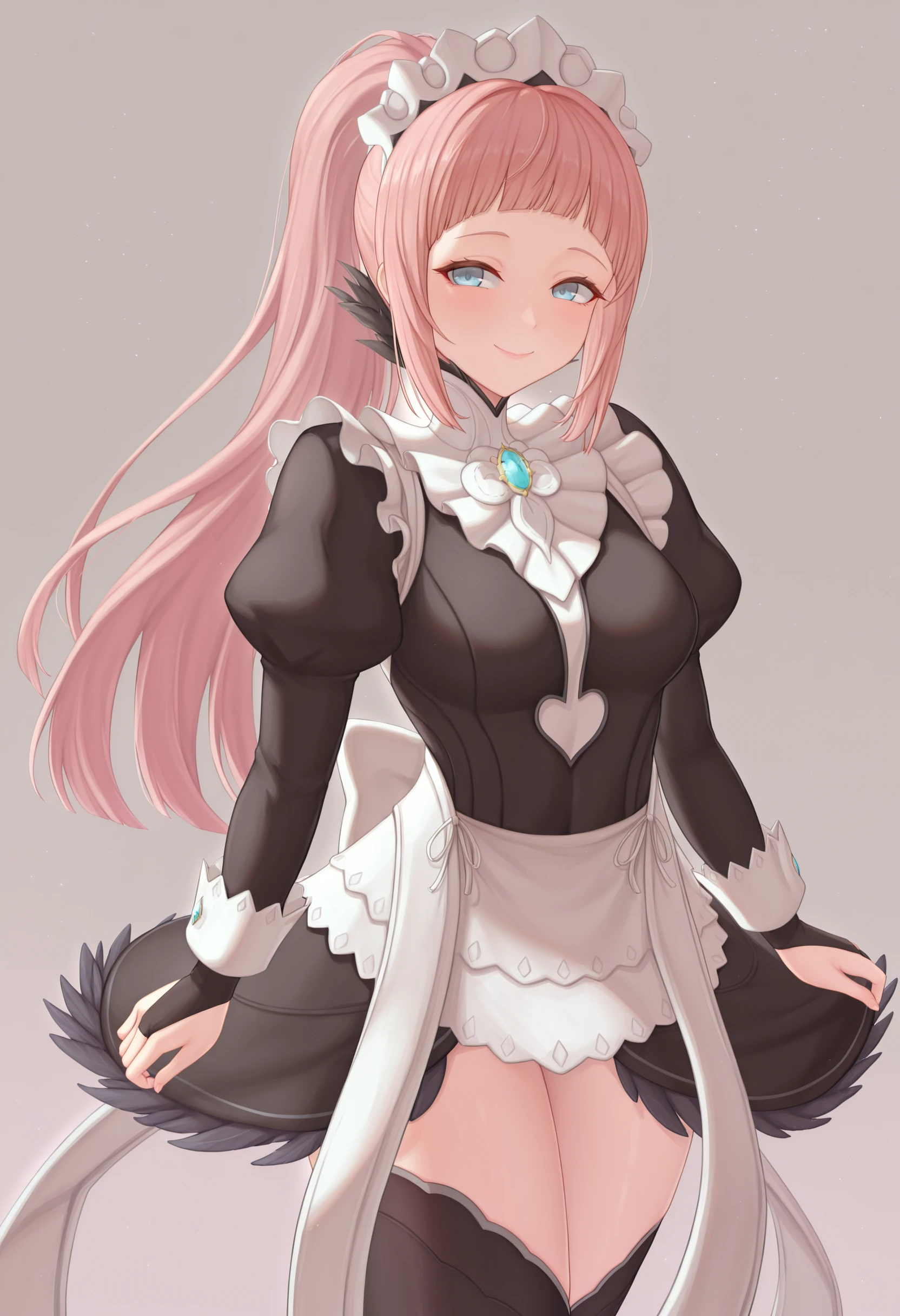 masterpiece, best quality, absurdres, highres, newest, 1girl, solo, <lora:creamcod-artist-richy-v1_ixl:1> <lora:felicia-fe-richy-v1_ixl:1> f1cdf, blue eyes, pink hair, long hair, ponytail, sidelocks, blunt bangs, maid headdress, black feathered collar, blue brooch, medium breasts, maid, juliet sleeves, maid apron, bridal gauntlets, black thighhighs, thighs, standing, smile, looking at viewer, simple background,