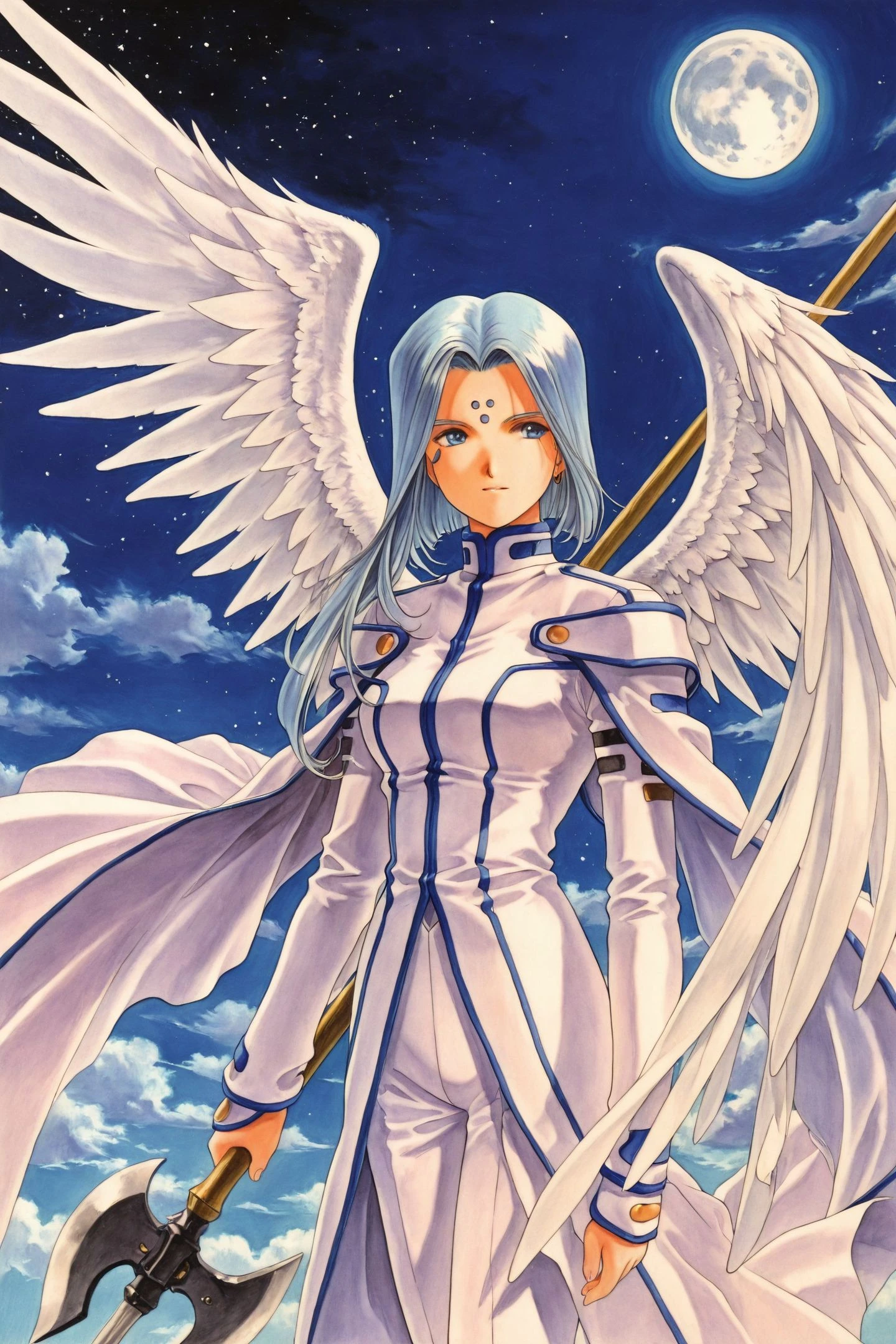 Lind,solo,moon,weapon,wings,blue hair,polearm,1990s \(style\),forehead mark,retro artstyle,long hair,1girl,facial mark,angel wings,blue eyes,short hair,axe,traditional media,
<lora:Ah! My Goddess_illustriousXL:1>,