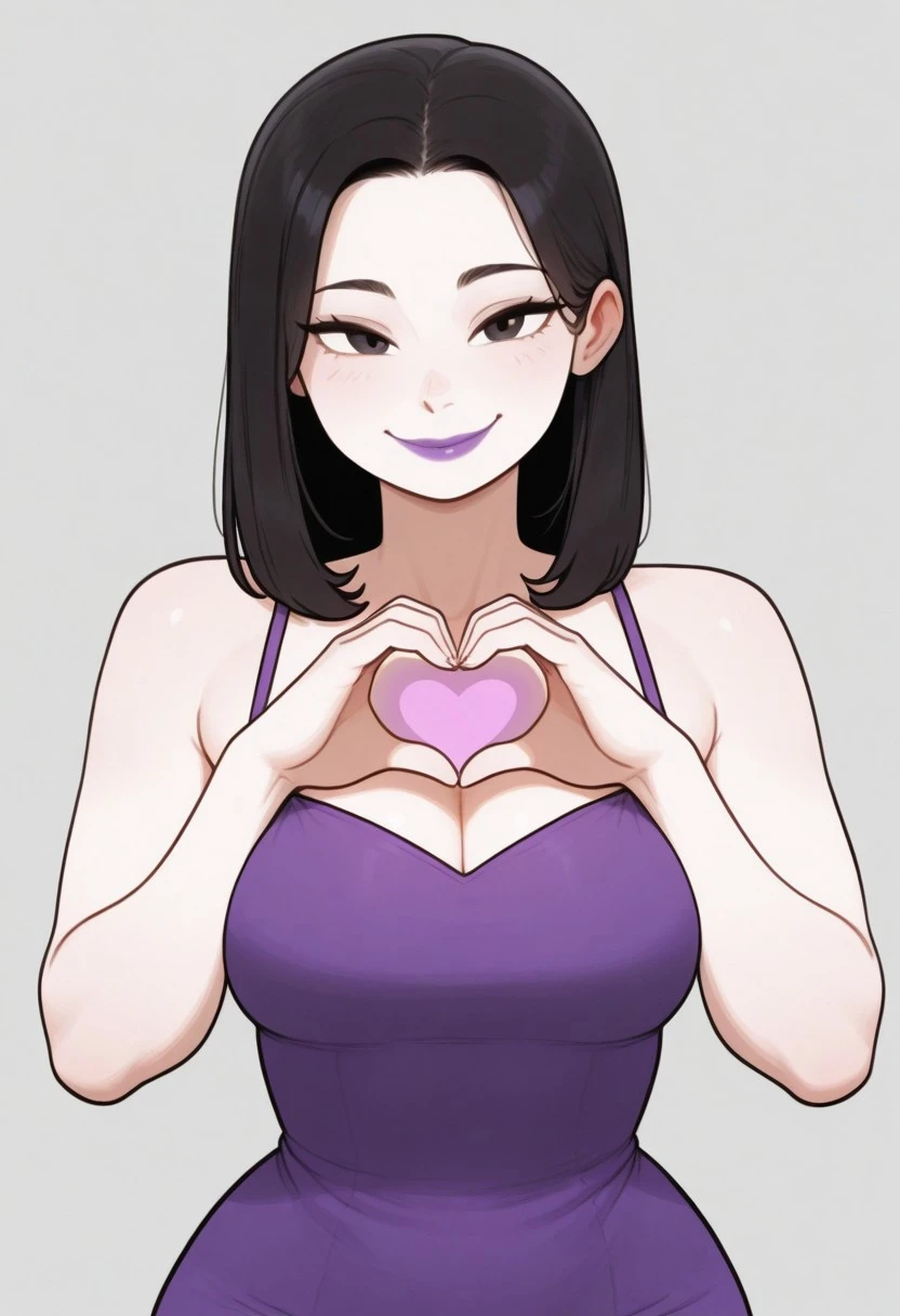 1girl, solo, medium build, medium hair, sfw, safe for work, covered skin, flowy dress, black eyes, purple lipgloss, smiling, portrait, upper body, heart hands