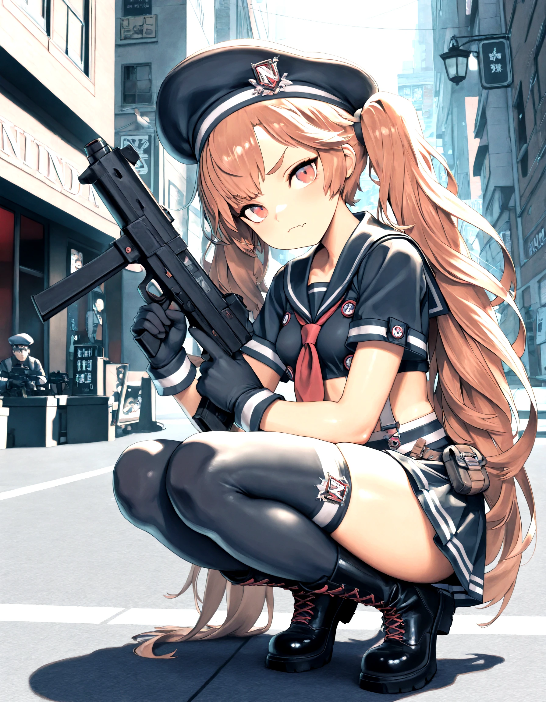 masterpiece,best quality,absurdres, amazing quality <lora:MirandaNikkeIllust16V7-000005:0.99> sailor_collar, black_gloves, miranda_def, suspenders, black_skirt, beret, small_breasts, skin_fang, street, city, serafuku,
squatting, holding_gun, submachine_gun, facing_viewer, behind_cover, thighhighs, boots,