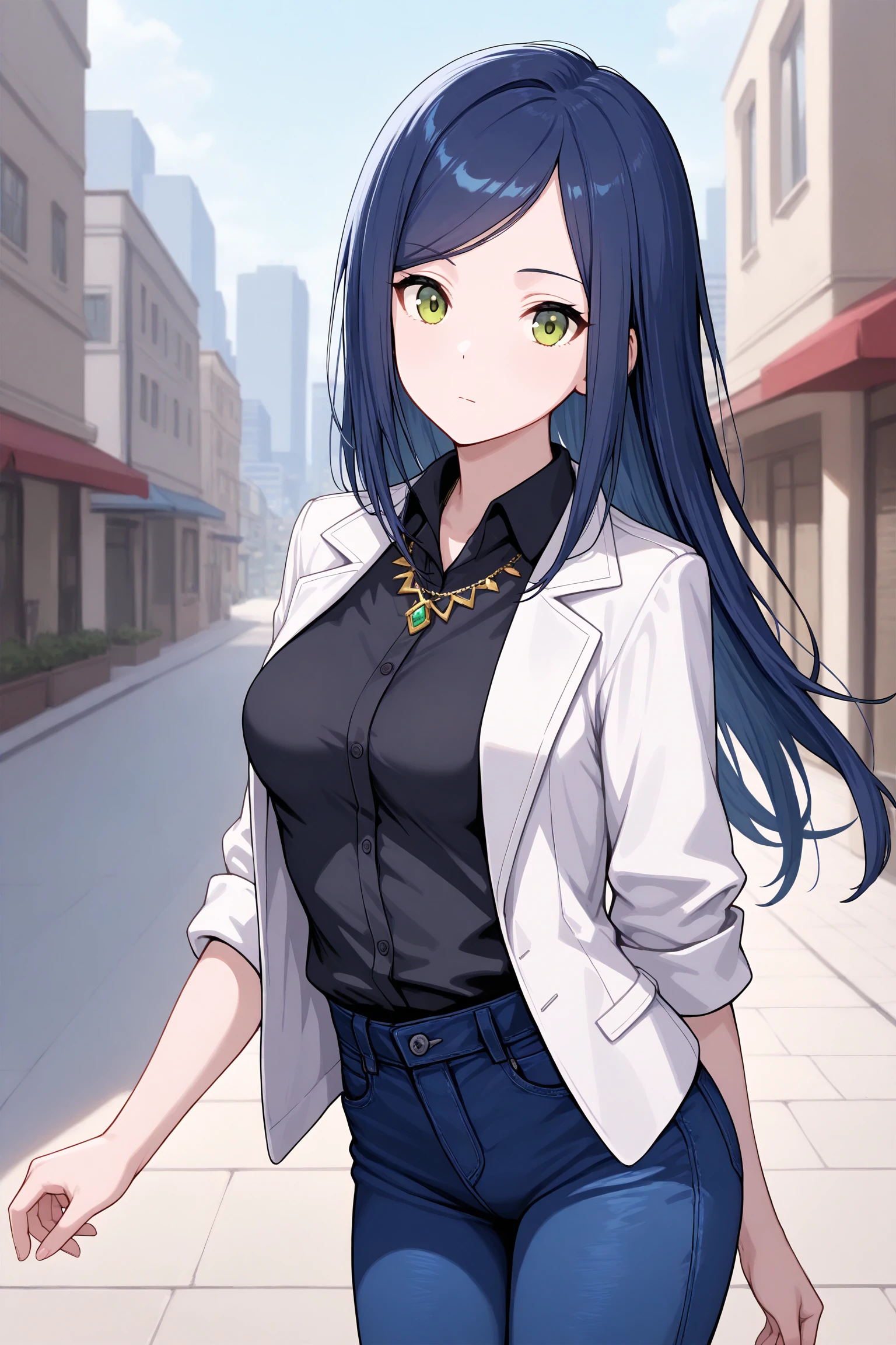 masterpiece, best quality, very aesthetic, juneyIMAS, solo, outdoors, city, dark blue hair, swept bangs, parted bangs, long hair, green eyes, medium breasts, necklace, jewelry, white jacket, open jacket, black shirt, collared shirt, sleeves rolled up, blue pants, jeans, closed mouth, <lora:Juney-IM@S:0.7>