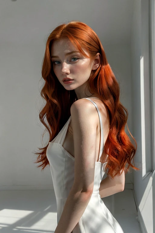 (photo of a beautiful Russian girl:0.777) , <lora:RussianBeauty>, photoshoot, red hair, light white background, black dress, portrait, volumetric lighting,