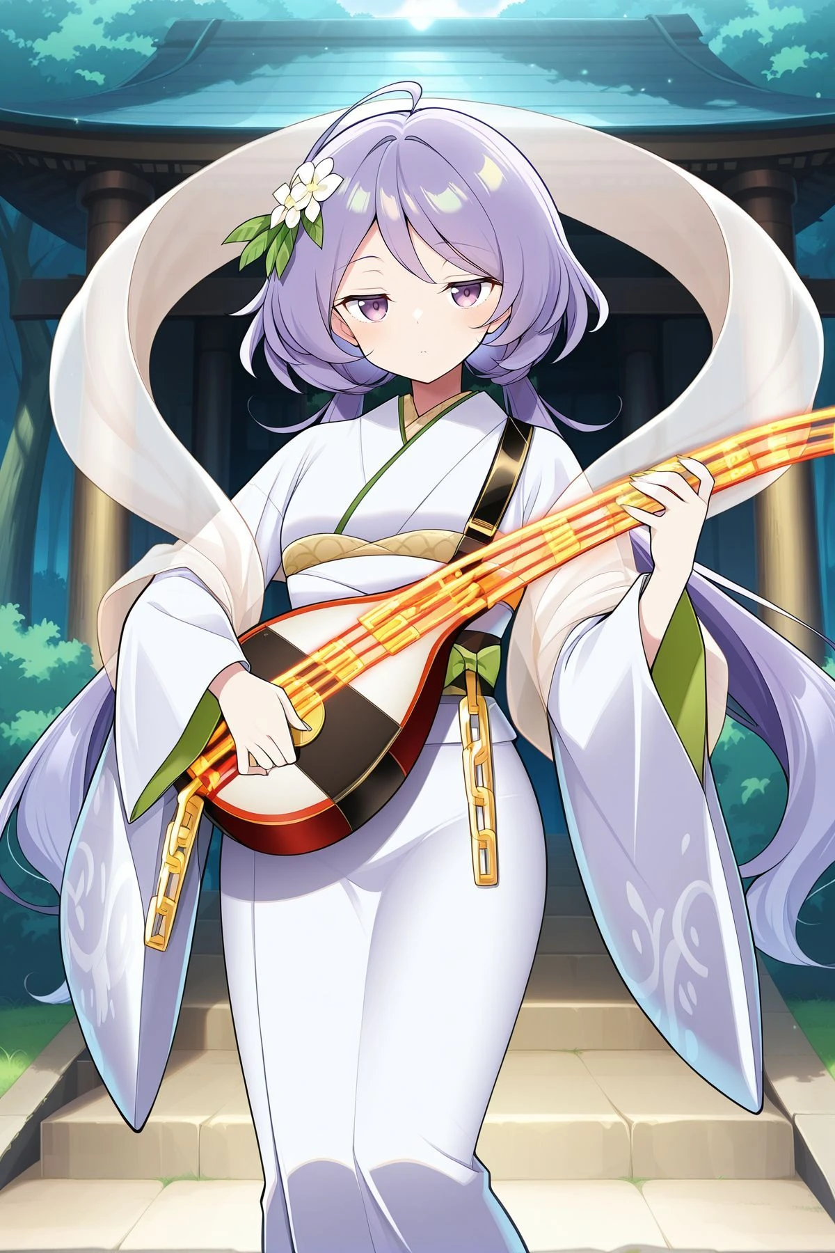 absurdres, highres, masterpiece, best quality, amazing quality, official anime artwork, screencap, anime screencap, outdoors, looking at viewer, dynamic pose,
<lora:Tsukumo-Benben_Illustrious:1> tsukumo benben, 1girl, solo, purple eyes, purple hair, long hair, twintails, ahoge,, tsukumo benben \(pure and beautiful white loquat\), alternate costume, hair flower, hair ribbon, green ribbon, pink flower, white kimono, wide sleeves, shawl, chain, holding instrument, white instrument,
