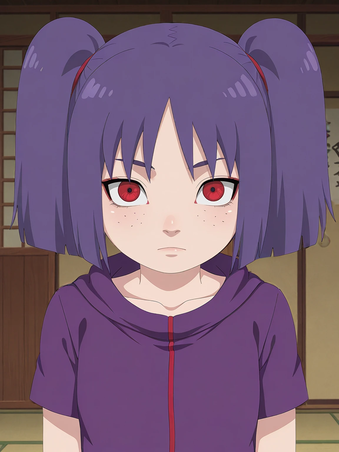 <lora:NaruBoru Style:0.9> naruborustyle
purple hair, twintails, red eyes, freckles