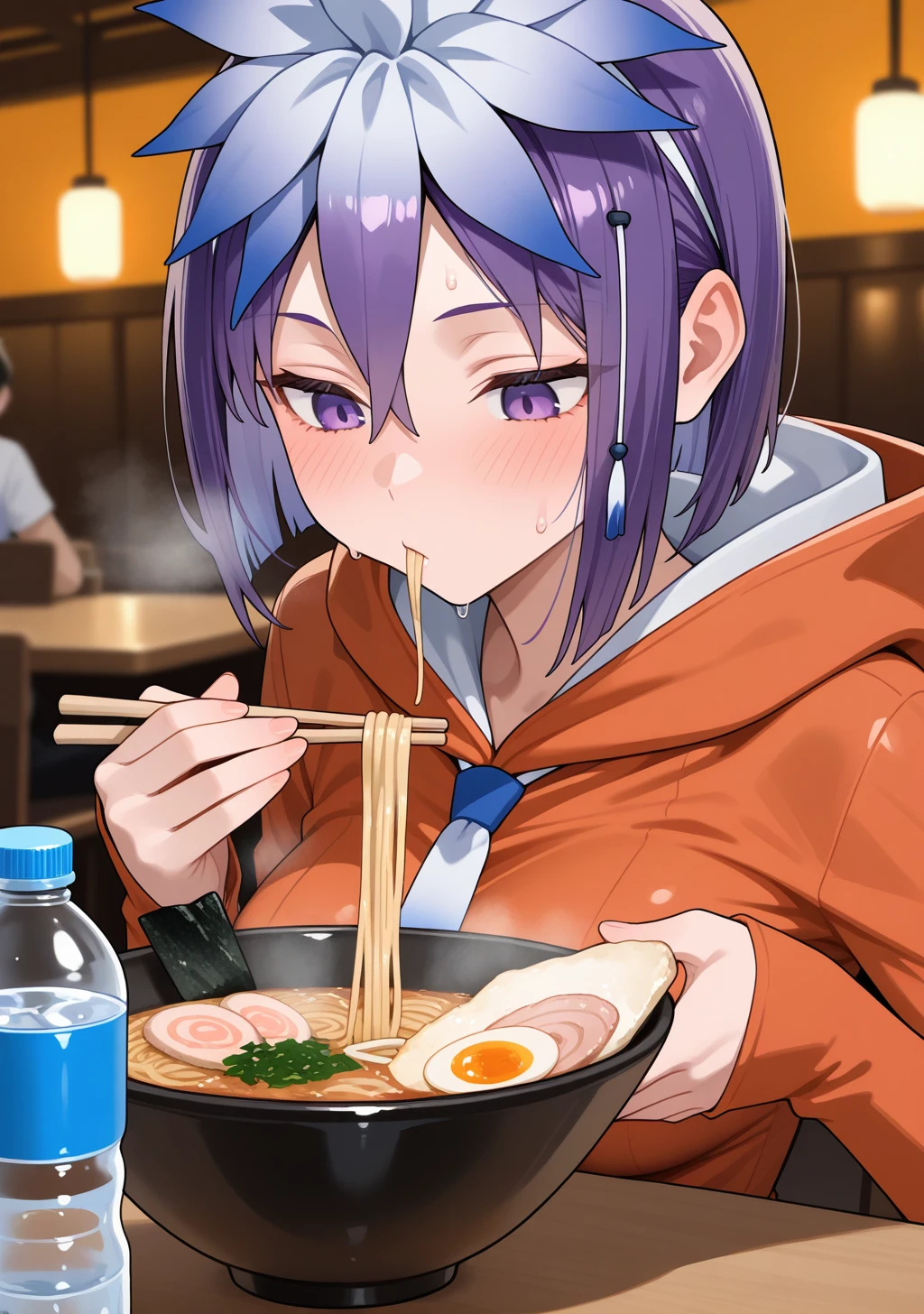 masterpiece, best quality, absurdres, perfect lighting,shiny skin,1girl,amane, purple eyes, purple hair, short hair,bangs, hair ornament,hair flower,<lora:amane:1>,orange dress,orange hood,hood down,long sleeves,necktie,
BREAK sweat,blush,,skiny skin, oily skin,depth of field,restaurant,ramen,noodles,steam,food, eating,holding chopsticks,desk,steam,face focus,upper body,water bottle,looking down,solo focus,saliva,pout,(speed lines:1.2), motion lines,open mouth, expressionless,
