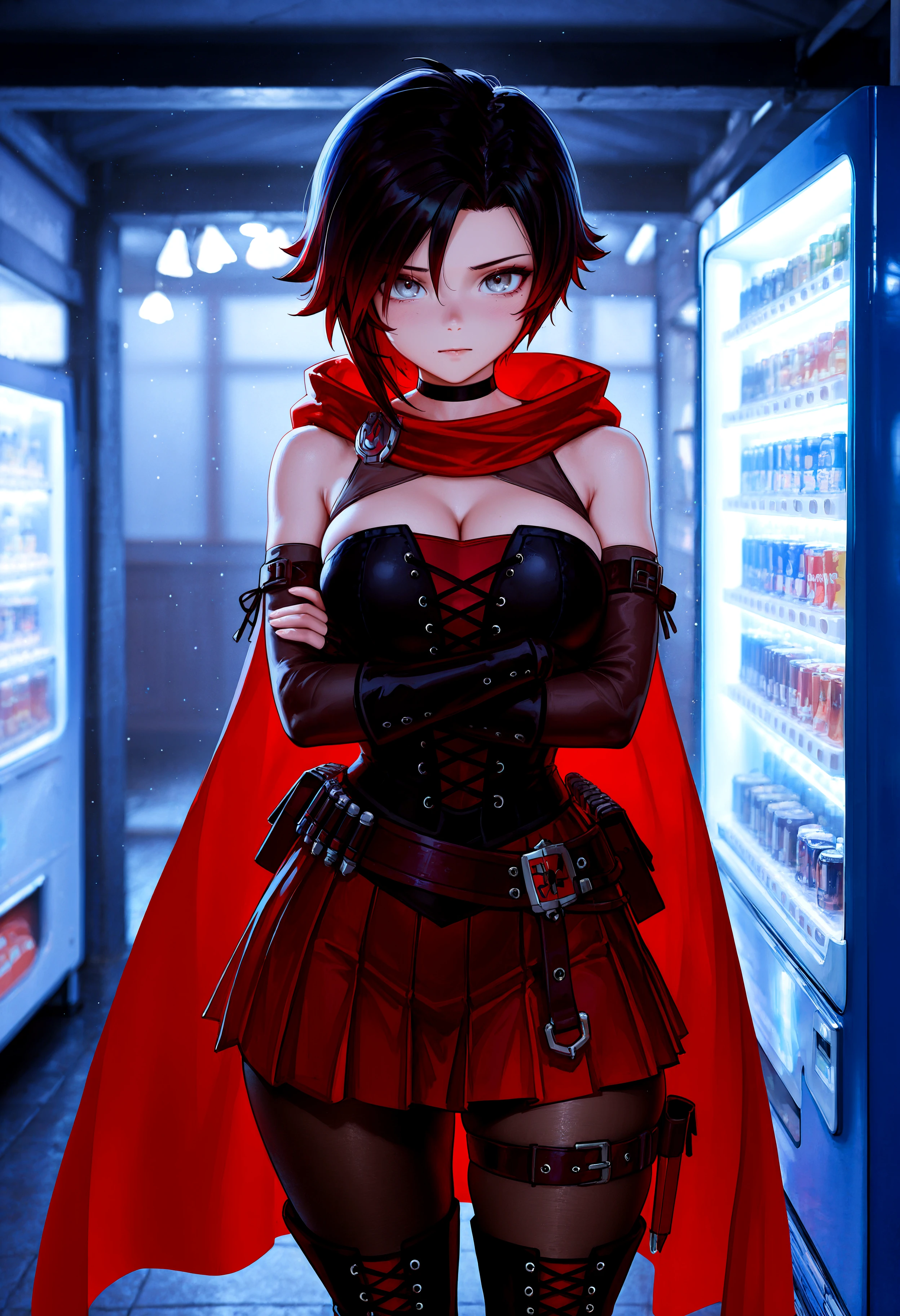 HDR, 8K, high contrast, masterpiece, best quality, amazing quality, very aesthetic, superabsurd res, high resolution, ultra-detailed, absurdres, newest, scenery, (horikoshi kouhei:0.3), (quasarcake:0.3), (wlop:0.3), light rays, chiaroscuro, dynamic angle, RWBY_RR, ruby rose, 1girl, grey eyes, short hair, bangs, black hair, gradient hair, two-tone hair, huge breasts, wide hips, (thick thighs:1.2), black choker, shrug (clothing), scarf, hooded cloak, red cape, bandolier, short red dress, cleavage, sleeveless, bare shoulders, corset, red miniskirt, pleated skirt, belt buckle, multiple belts, sheer black pantyhose, black thighhigh boots, deep skin, skindentation, thigh strap, black elbow gloves, fingerless gloves, looking at viewer, crossed arms, shop, vending machine, bokeh, fog, backlighting, partially illuminated, Intricately designed, Mysterious Shadows, BREAK, photorealistic, beautiful detailed eyes, detailed skin, detailed hair, volumetric lighting, dappled light, light particles, dramatic shadows, cinematic lighting, photo background, (depth of field:1.3), <lora:IL\KMS_RWBY_RR_IL-000005:1> <lora:IL\touching_grass_v0.2:0.8>