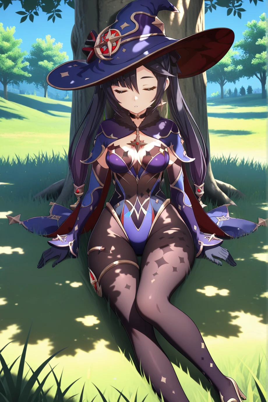 (Masterpiece), Best Quality, ultra-detailed, 1girl( mona_tpa, mcdonald's, purple hair, aqua eyes, empty eye, small breasts), blank face, parted lips, solo, nose blush, blush, witch hat, stairs, shrine, lens flare, star_(symbol) pantyhose(torn), pussy, highly detailed, absurdres, indoor, night time, floor, straddle, sitting on floor, hands up, spread legs, Sexy waist teasing, come-on, temptation , love juice flows out of her pussy