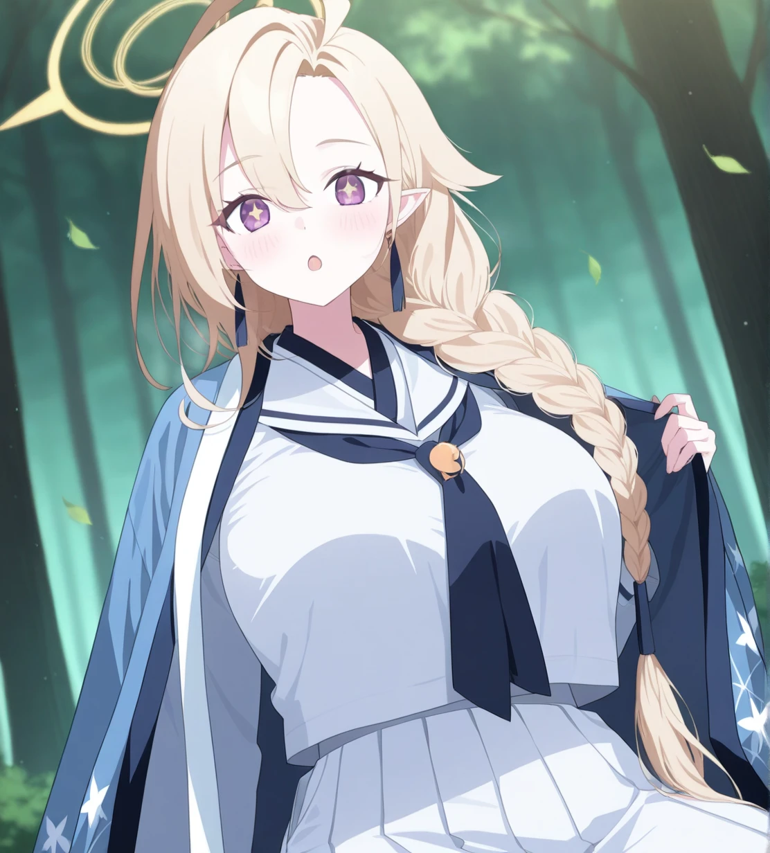 Nanakado Ayame,
yellow halo,
blond hair,long hair,single braid,hair over shoulder,ahoge,hair between eyes,
purple eyes,pointy ears,
white serafuku,blue haori,white scarf,
white tabi,blue okobo,
tassel earrings,blue earrings,
1girl, wild hips, huge breasts, :o, blurry, blurry background, blush, forest, holding, +_+, leaf, looking at viewer, nature, open mouth, outdoors, sitting, solo, upper body,
intricate details,detailed background, <lora:noobaiXLNAIXL_epsilonPred11Version-lora:0.1> <lora:Nanakado_Ayame:1>