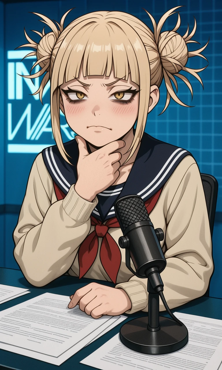 embedding:IllusP0s, info wars, white logo, blue wall, microphone, desk, 1girl, stroking own chin, thinking, skeptical, toga himiko<lora:info_wars.safetensors:1.0:1.0>