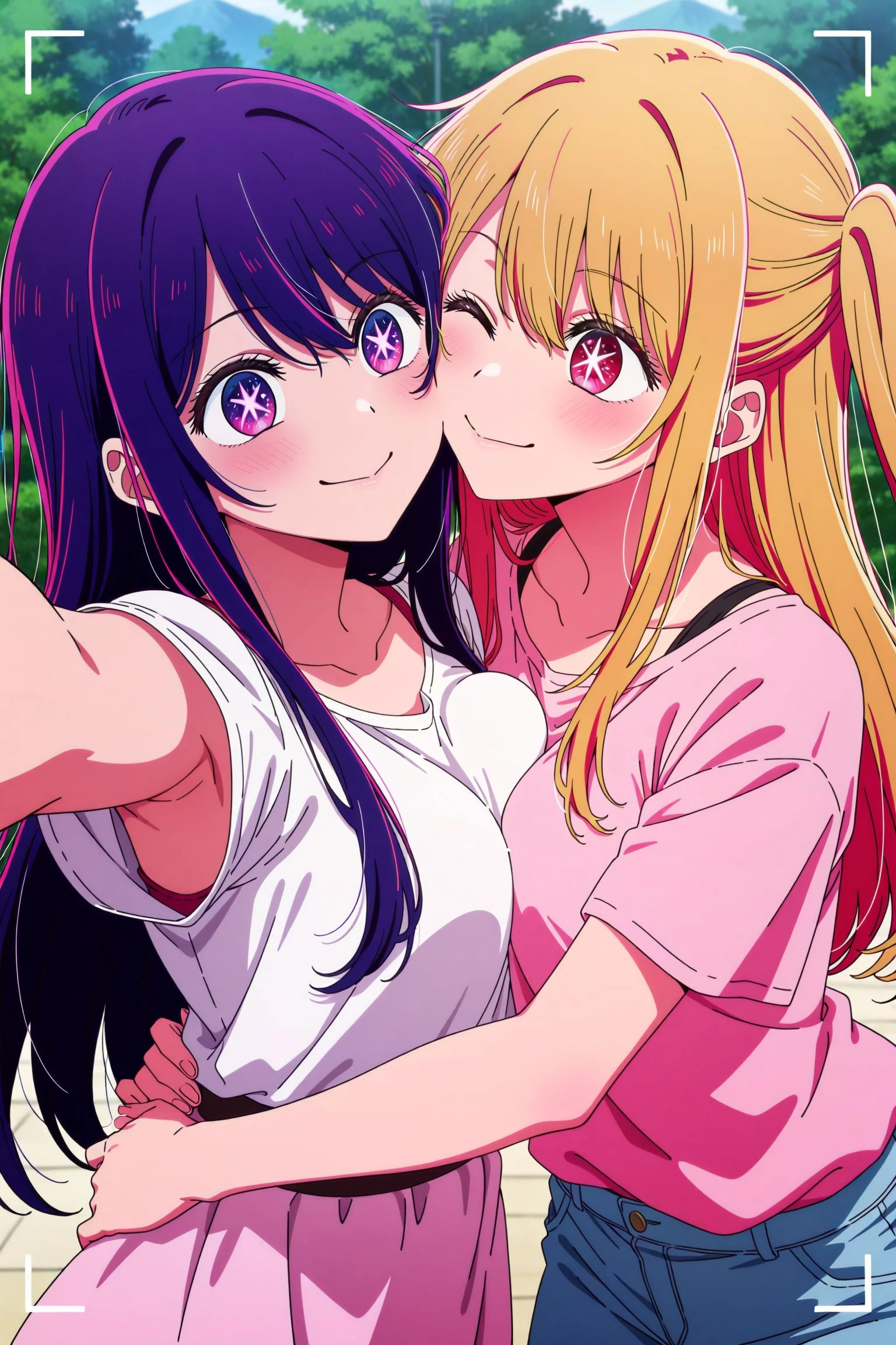 multiple girls,2girls,
hoshino ai \(oshi no ko\),oshi no ko,hair between eyes,long hair,purple eyes,purple hair,star-shaped pupils,symbol-shaped pupils,
1girl,hoshino ruby,oshi no ko,blonde hair,
outdoors,hug,breast press,cheek-to-cheek,mother and daughter,reaching,selfie,fake phone screenshot,viewfinder,casual,
kissing cheek,heart,smile,happy,long sleeves,short sleeves,(bra peek:0.9),armpits,bra,one eye closed,
(anime coloring:2.4),(anime screenshot,anime screencap:1.2),(masterpiece, best quality, newest, absurdres, highres),
