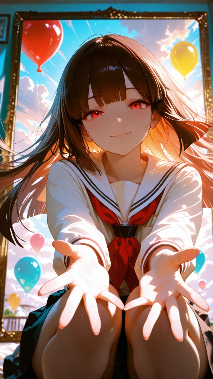 masterpiece, best quality, amazing quality, very aesthetic, absurdres, highres, newest, HDR, 8K, high detail, intricate detailed, detailed background, colorful depth, colorful lighting,
1girl, red eyes, brown hair, floating hair, blunt ends, bangs, white sailor collar, shirt, black skirt, summer seifuku, red neckerchief, smile, Balloon, Mirror surface, Falling in the sky, clouds, sky, bend one's knees, looking at viewer, (shallow depth of field:1.1), reaching towards viewer, girls room, indoors, polarized light, ambient light, Mirrors that connect to other worlds,