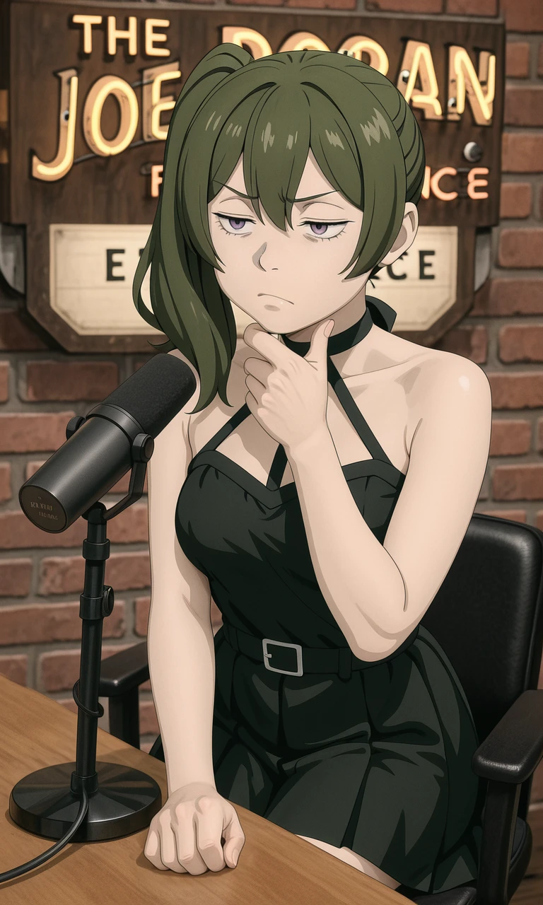 embedding:IllusP0s, the joerog an experience, sign, microphone, desk, wall, 1girl, stroking own chin, thinking, skeptical, ubel_\(sousou_no_frieren\), green hair, purple eyes, halter dress, sleeveless<lora:the joerog an experience_illustrious.safetensors:1.0:1.0>