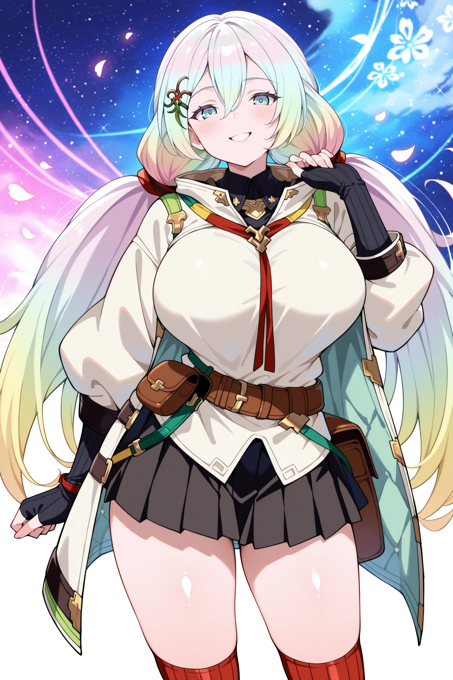 masterpiece, best quality, anime, 2d, 1girl, cupitan \(granblue fantasy\), best quality, anime, 2d, 1girl, cupitan \(granblue fantasy\), aqua eyes, long hair, multicolored hair, low twintails, hairpin, detached black collar, multicolored neckerchief, untucked clothes, white clothes, open jacket, arm straps, fingerless elbow gloves, ribbed black elbow gloves, belt pouchs, black pleated skirt, miniskirt, ribbed red socks, brown footwears, <lora:CupitanNBCAMEq3v1.3 GBF:1>,abstract, absurdres, incredibly absurdres, establish, facing viewer, cowboy shot, shiny skin, abstract background, mature female, happy. naughty face,
