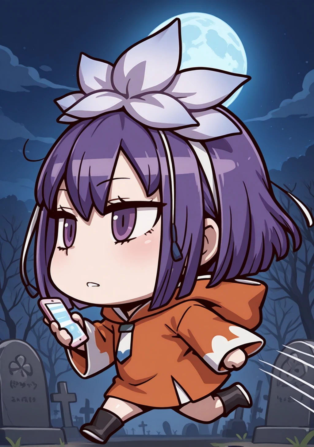 masterpiece, best quality, absurdres, perfect lighting,shiny skin,<lora:illustrious_noobai_epsilon_pred_1_best_quality_v1:1>,1girl,amane, purple eyes, purple hair, short hair, hair ornament,hair flower,<lora:amane:1>,orange dress,orange hood,hood down,long sleeves,necktie,boots,expressionless,running,speed lines,april fools,chibi,<lora:FGO_April_Fool:1>,from side,looking at viewer,clenched teeth,night,moon,cemetery,holding phone,