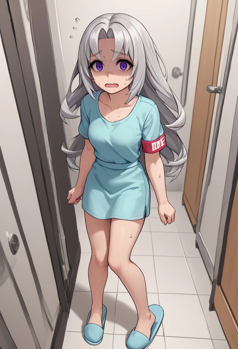 score_4,score_5,score_6,score_7_up,score_8_up,score_9
((masterpiece,best quality,ultra detailed,highres,HD,4k:1.2)),
1girl,solo,grey hair,long hair,Forehead,parted bangs,purple eyes,Droopy eyes,shaded face, armband,Hospital gown,Bare legs,short sleeves,slippers,
fidgety, timid, open mouth, wavy mouth,sweat,