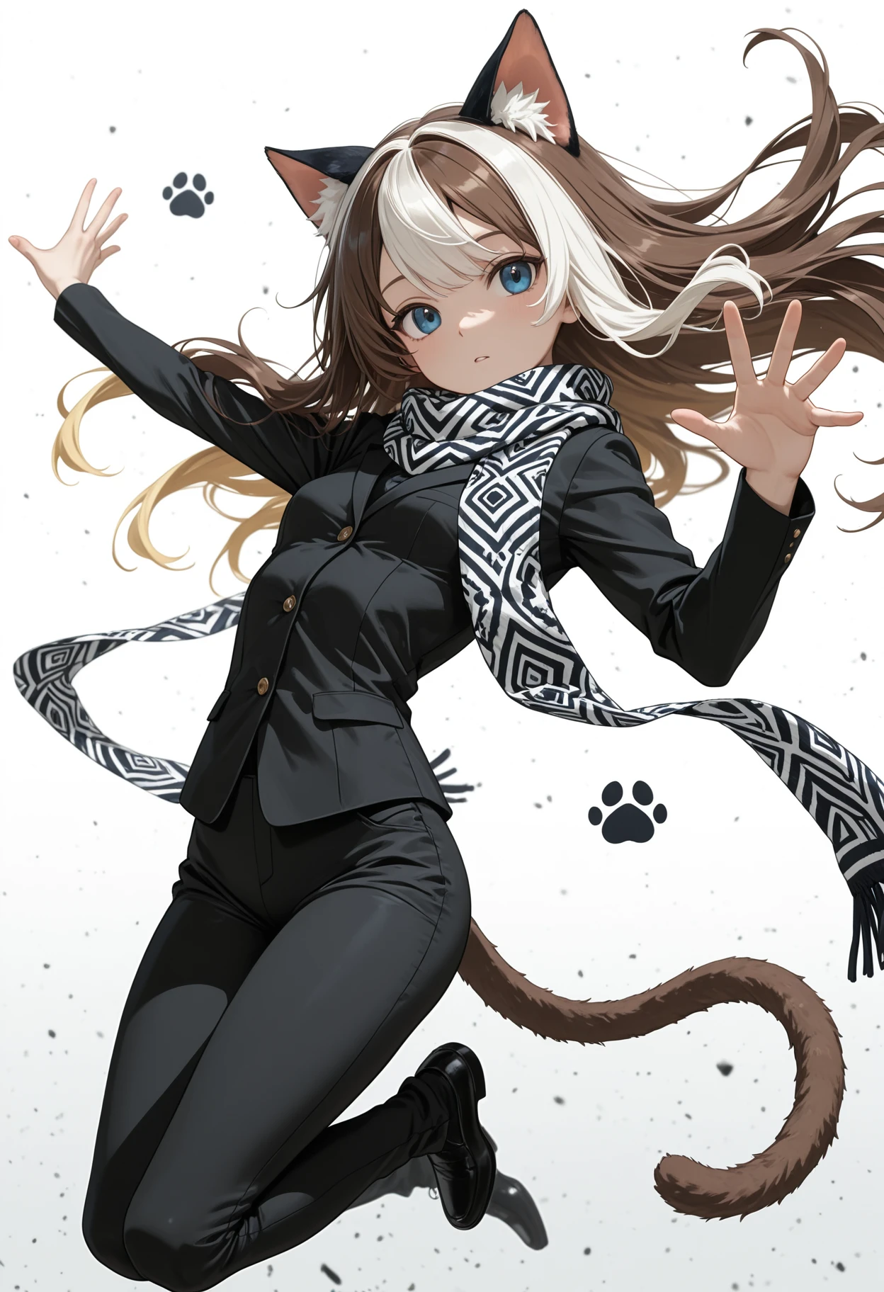 masterpiece, detailed_eyes, high_quality, best_quality, highres, absurdres, 8k, subject_focus, depth_of_field,
1girl, cat ears, cat tail, blue eyes, blonde hair, long hair, brown hair, white hair, multicoloured hair, print scarf,, BREAK jumping with arms forming a âYâ shape, open hand, BREAK white_background, anime, black_outline