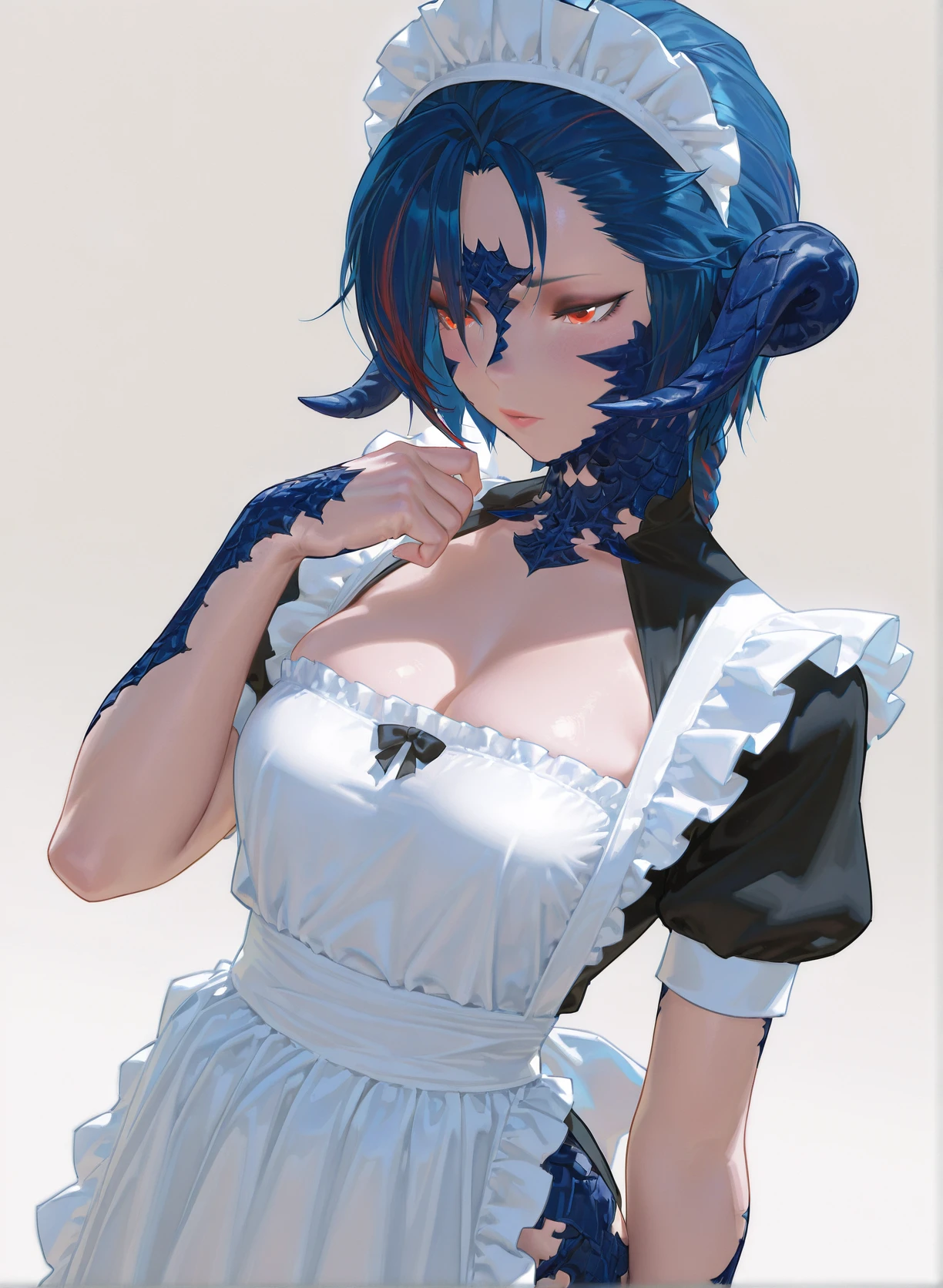 masterpiece,best quality,absurdres,newest,very aesthetic,amazing quality,highres,sensitive,best quality,masterpiece,<lora:au_ra_pony:0.8>,AU RA,horns,front horns,scales,<lora:éå¤ çå ill:0.9>,blue hair,short hair,red streaked hair,1girl,maid,front view,simple background,maid apron,maid headdress,