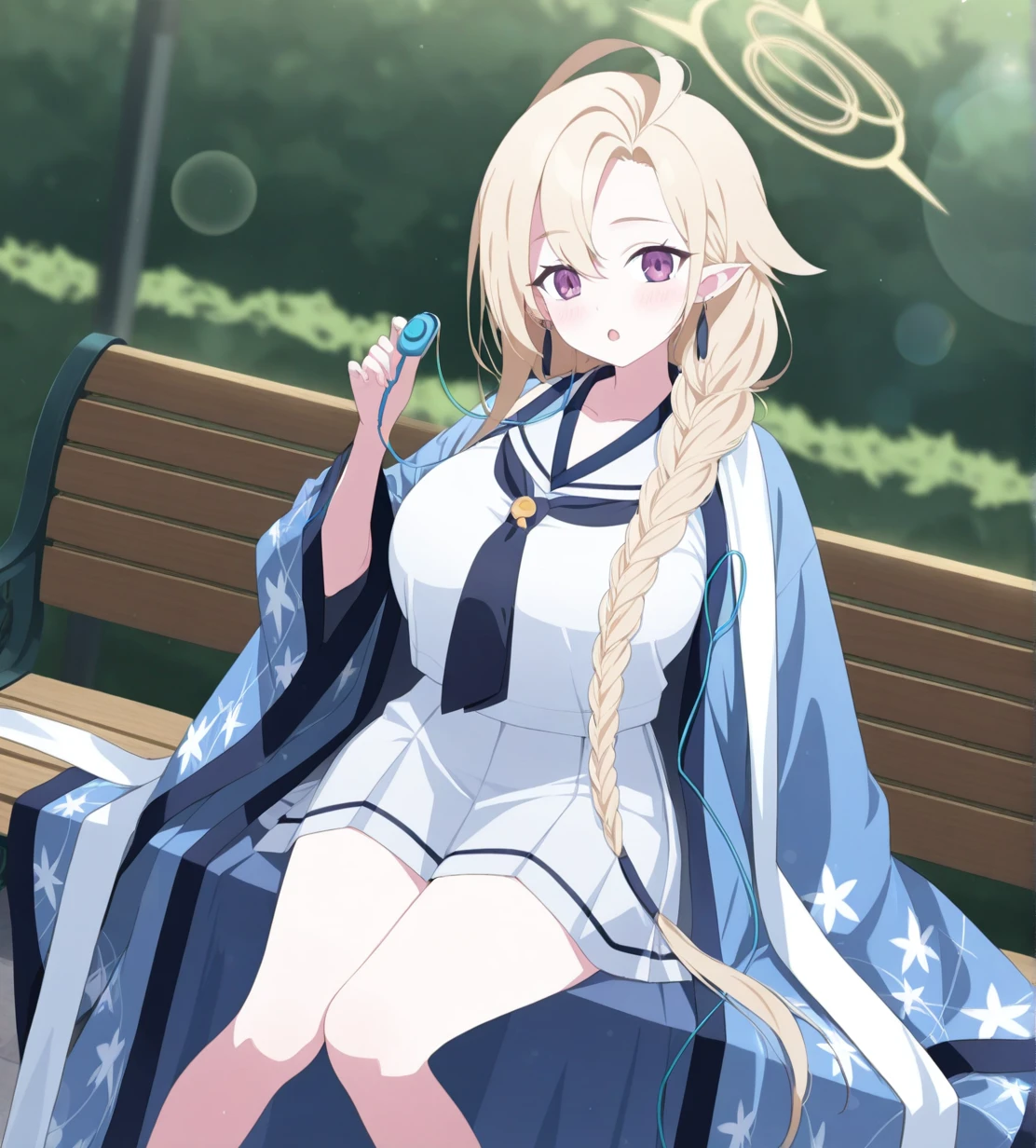 Nanakado Ayame,
yellow halo,
blond hair,long hair,single braid,hair over shoulder,ahoge,hair between eyes,
purple eyes,pointy ears,
white serafuku,blue haori,white scarf,
white tabi,blue okobo,
tassel earrings,blue earrings,
1girl, wild hips, huge breasts, :o, bare legs, bench, blurry, blurry background, blush, collarbone, depth of field, earphones, hand up, holding, lens flare, looking at viewer, open mouth, sitting, solo,
intricate details,detailed background, <lora:noobaiXLNAIXL_epsilonPred11Version-lora:0.1> <lora:Nanakado_Ayame:0.9>