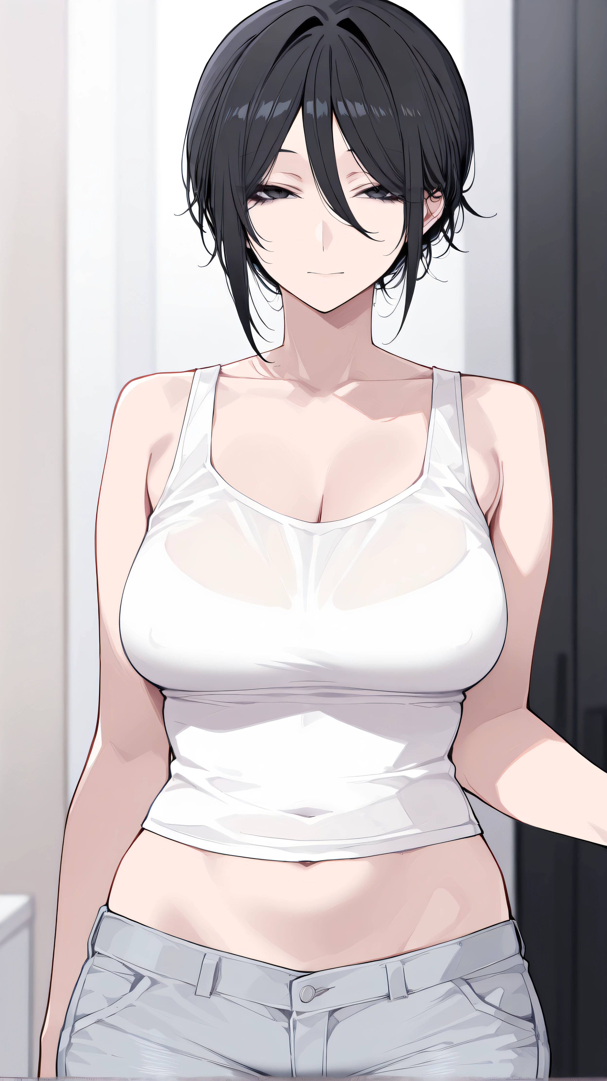 ((masterpiece)), (Highest quality), (detailed), (1 Girl),White cropped camisole,Red eyes,Black Hair、Huge breasts、Very short hair、
