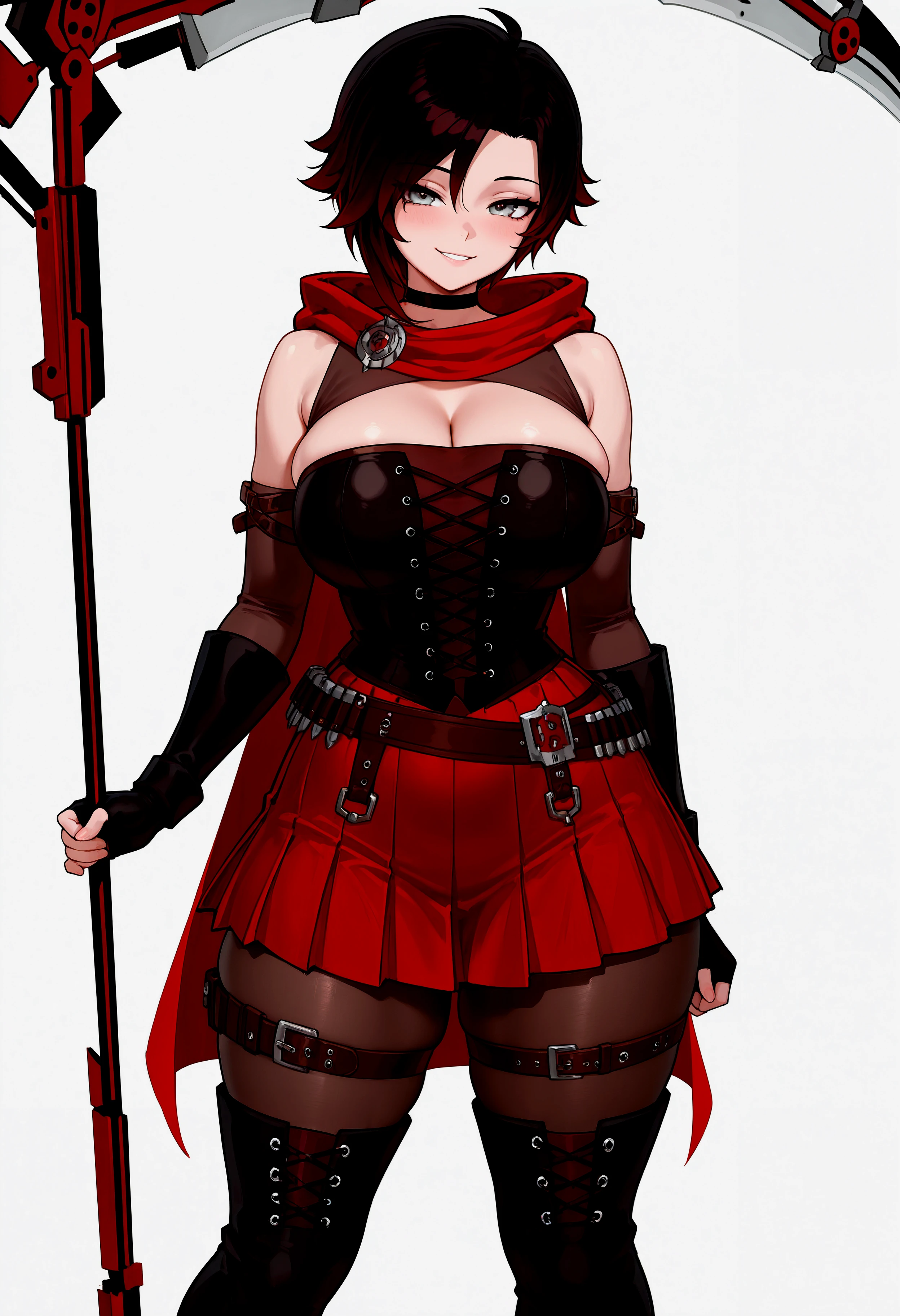 (solo), RWBY_RR, ruby rose, 1girl, grey eyes, short hair, bangs, black hair, gradient hair, two-tone hair, huge breasts, wide hips, (thick thighs:1.2), black choker, shrug (clothing), scarf, hooded cloak, red cape, bandolier, short red dress, cleavage, sleeveless, bare shoulders, corset, red miniskirt, pleated skirt, belt buckle, multiple belts, sheer black pantyhose, black thighhigh boots, thigh strap, black elbow gloves, fingerless gloves, holding scythe, scythe, standing, seductive eyes, seductive smile, in heat, aroused, (simple background, white background), <lora:IL\KMS_RWBY_RR_IL-000005:1><lora:IL\touching_grass_v0.2:0.85>