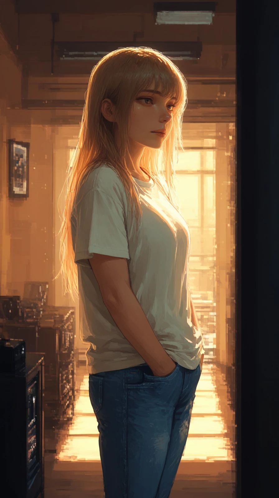 masterpiece, detailed_eyes, high_quality, best_quality, highres, absurdres, 8k, Jedst2, brushstrokes, pixel, masterpiece, best quality, 8k, DSLR photo, cinematic lighting, high detail, sharp focus, realistic skin texture, natural expression, handsome man, hands in pockets, casual jeans and t-shirt, minimalist room, golden hour lighting, over-the-shoulder, melancholic look, <lora:Jedst2-000006:1>
