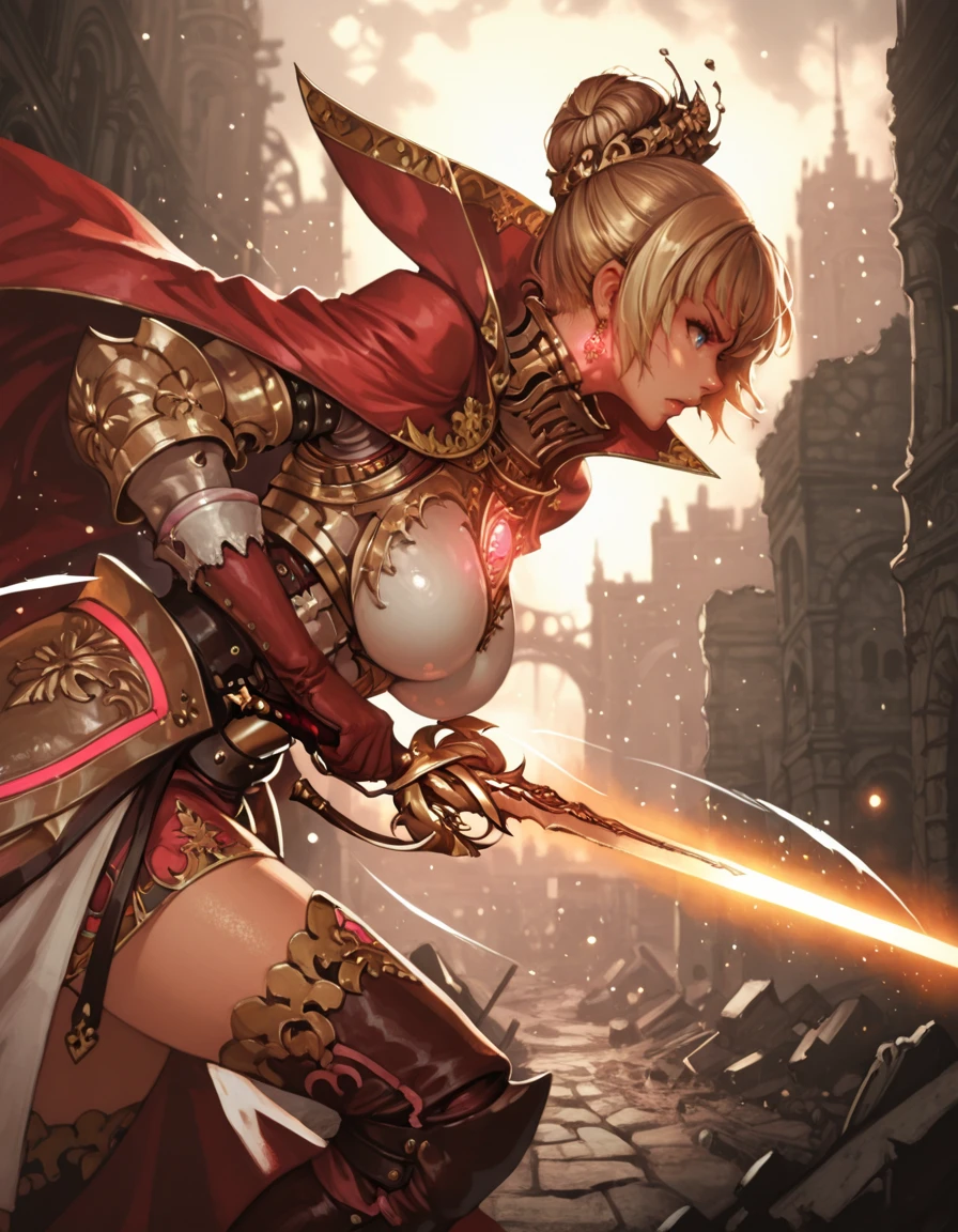 masterpiece, best quality, 1girl, solo, absurdres,
large breasts,
elizadg,
blonde hair, blue eyes, hair bun,
armor, holding sword, attack,
from side , charging forward with an extended punch, full-body motion, action shot, ,
fantasy, city, ruins,
blurry background, glowing, light particles,
embedding:SmoothQuality,