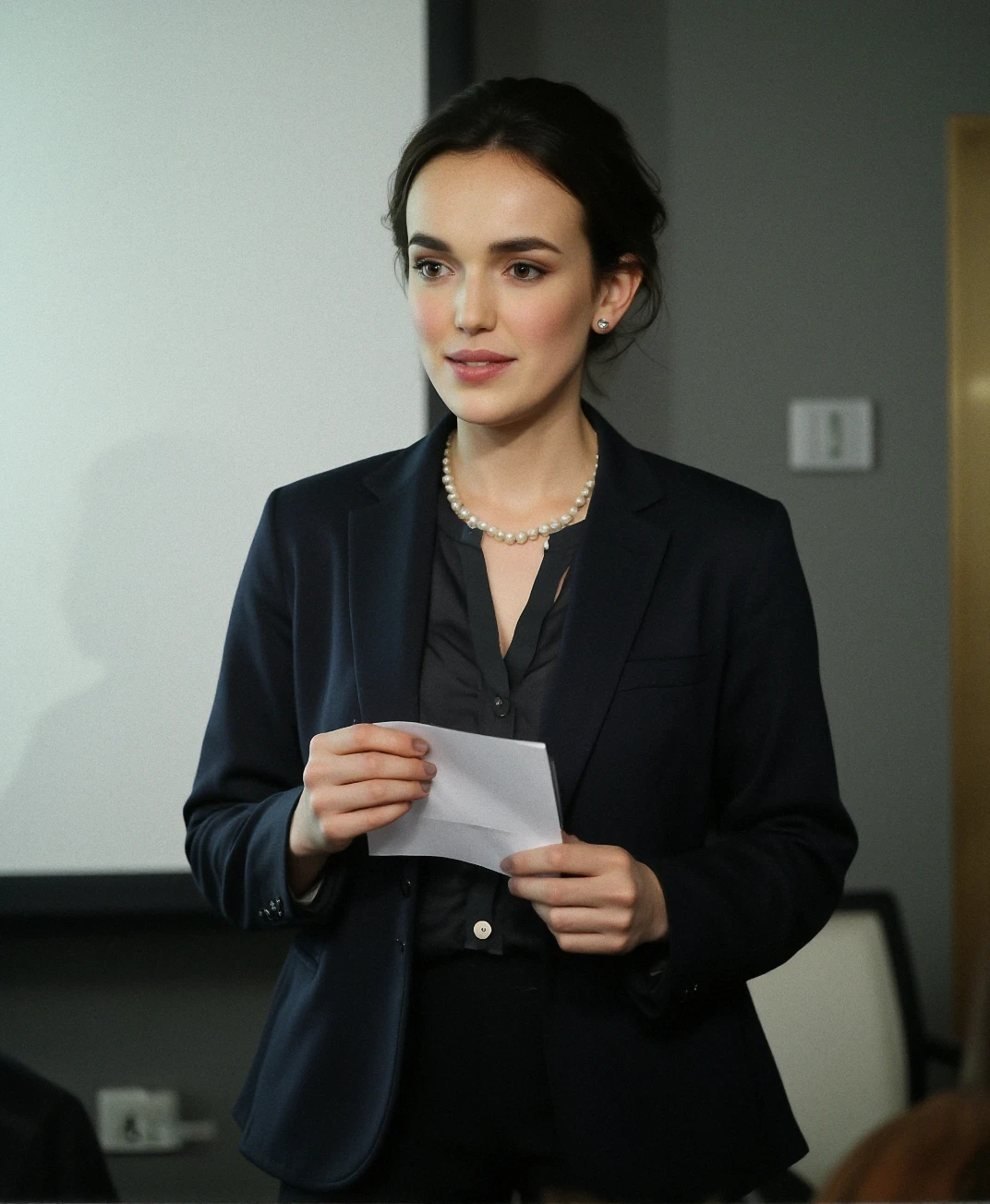 An analog photograph of (sks woman:1), Preparing for a Presentation
Standing in front of a projector screen, she adjusts her blazer and glances at her cue cards. Her fitted black suit exudes professionalism, while her white blouse is accented with a delicate pearl necklace. Her dark curls are neatly pinned back, with a few loose strands framing her face. She gestures confidently as she rehearses her points, the soft glow of the projector light reflecting off her polished shoes.