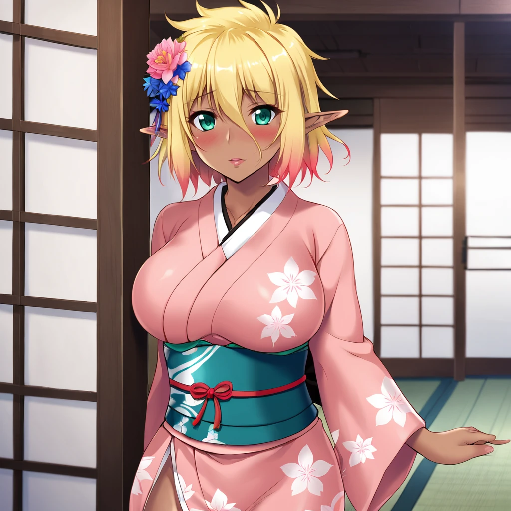 <lora:Elda_pony_v1:.7> Elda, 1girl, large breasts, dark skin, dark-skinned female, blonde hair, pointy ears, green eyes, elf, multicolored hair, hair between eyes, gradient hair, short hair, cowboy shot,, japanese clothes, kimono, hair ornament, blush, hair flower, pink kimono, sash, obi, floral print, wide sleeves