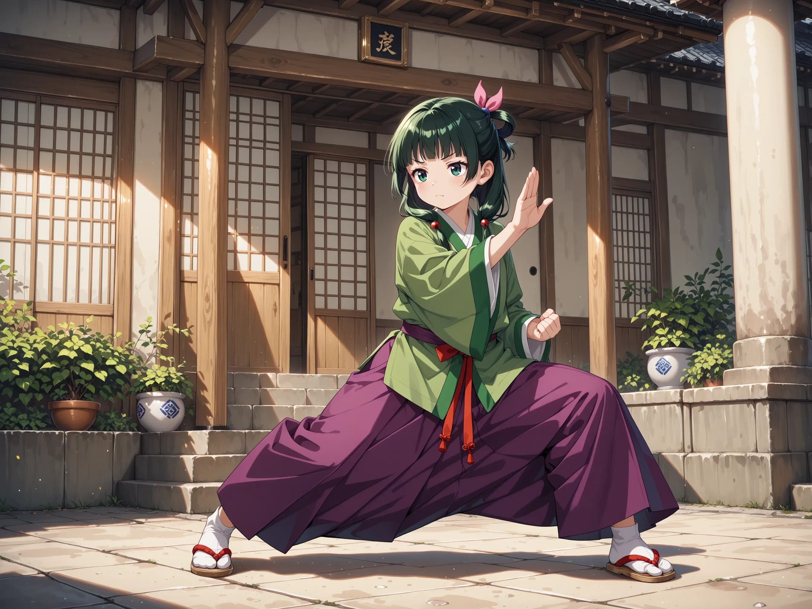1girl,
maomao \(kusuriya no hitorigoto\), 
hakama skirt, 
kung fu, 
legs apart,
outdoors,
masterpiece, best_quality,