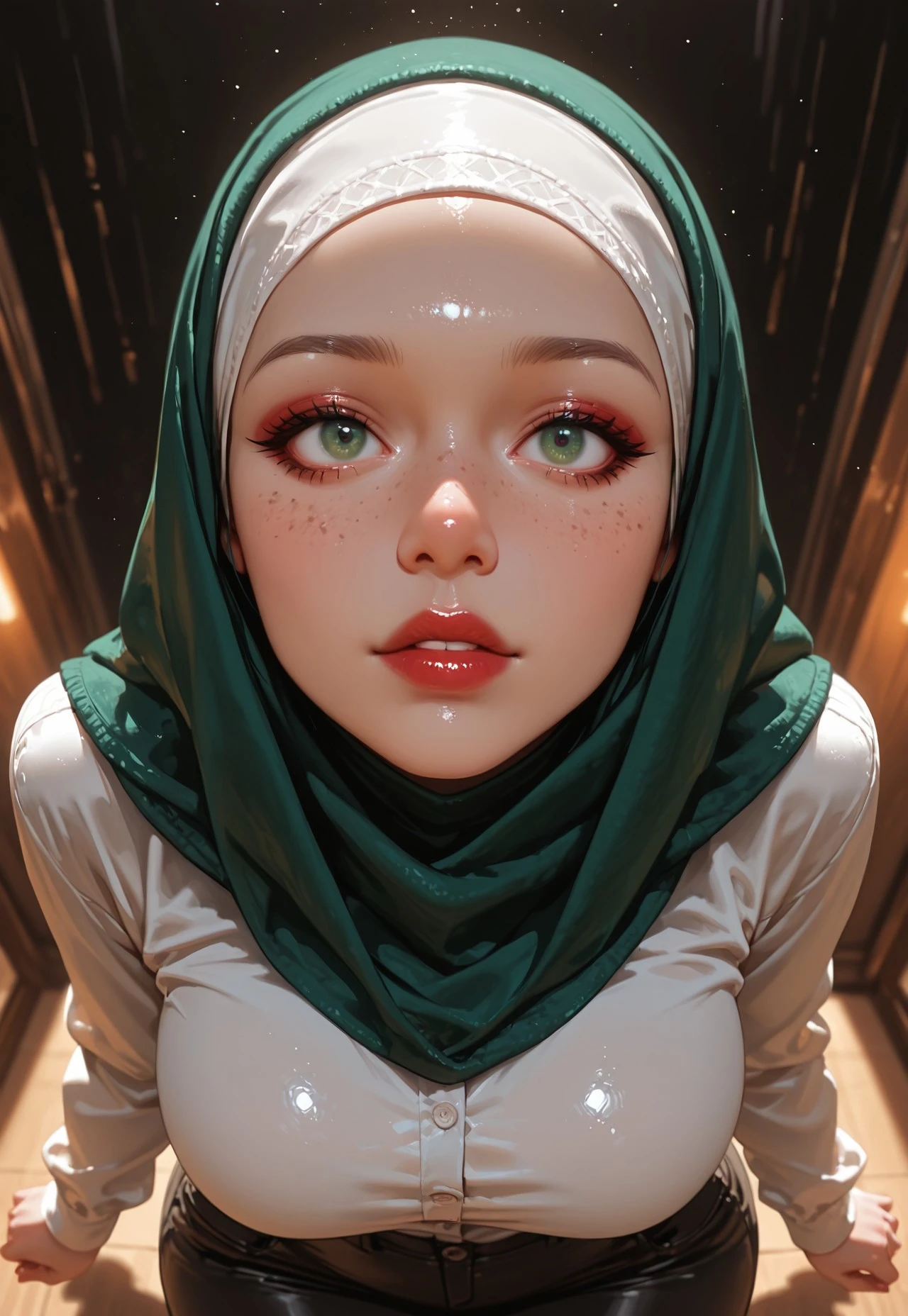 very detailed, flat color, no lineart, Vibrant Contrast, gradient colors, particle effect, (fine fabric emphasis:1.2), (((masterpiece, amazing quality, best quality, ultra-detailed, 8K, illustration, amazing quality, newest, absurdres, realistic))), highres, very aesthetic, absurd res, hi res, very awa, dynamic angle, refined, volumetric lighting, cinematic lighting, blurry background, close up vivid colors, ((source_realistic:1.6)), hyper detailed, (dynamic pose:1.4), depth of field, photorealistic colors,
1 girl, (ultra HD quality details), wearing a hijab, fashionable hijab, hijab, long sleeves, 18 years old, Slim girl, huge breasts, narrow waist, wide hips, skinny, petite, full body,
asian, pornstar, short, slim, cute face, heavy makeup, dark green eyes, plump lips, freckles, upturned nose, perfect breasts, red lipstick, fair skin, (sheer white top), (((close up, cowboy shot, portrait))), sexy pose, dark background,