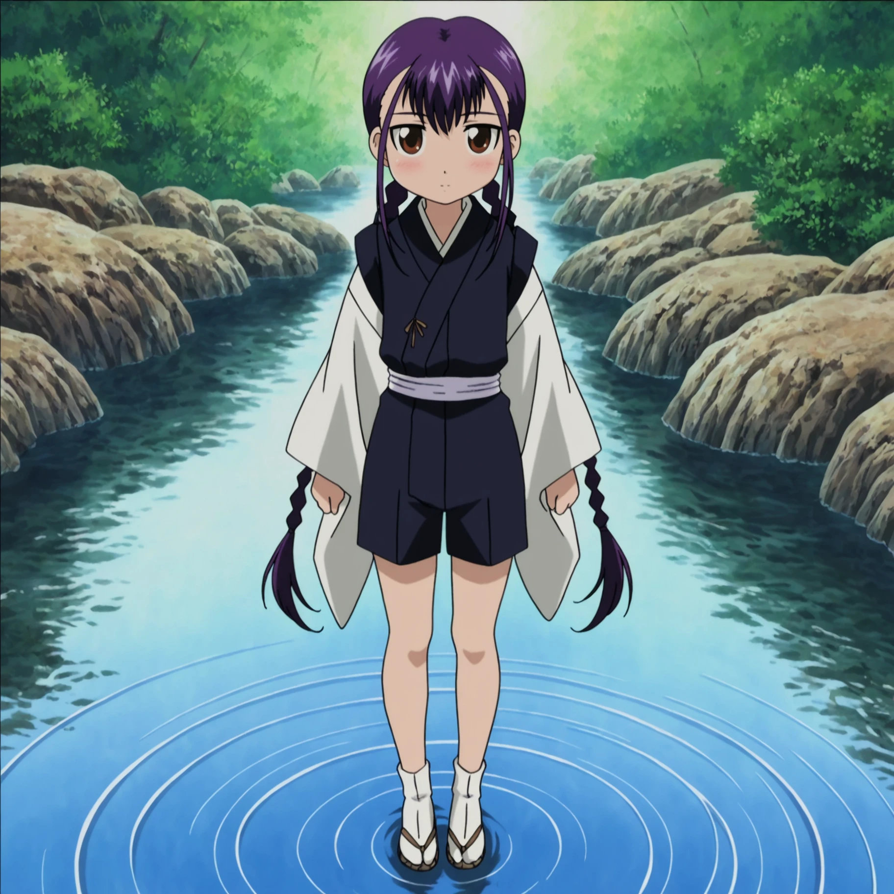 1girl,
amazing quality, anime coloring, Swimming forward, arms alternating, hinata, solo, purple hair, hair between eyes, brown eyes, braid, twin braids, long hair, japanese clothes, kimono, black kimono, black shorts, white long sleeves, tabi, zouri, outdoors, shorts, water, sandals, white socks, full body, blush, closed mouth, ripples, day, very long hair, looking at viewer, socks, miko, standing, sidelocks, wide sleeves,
masterpiece, best quality, anime screenshot, safe
<lora:spo_sdxl_10ep_4k-data_lora_webui:0.7> <lora:hinata_ill_v1:1>