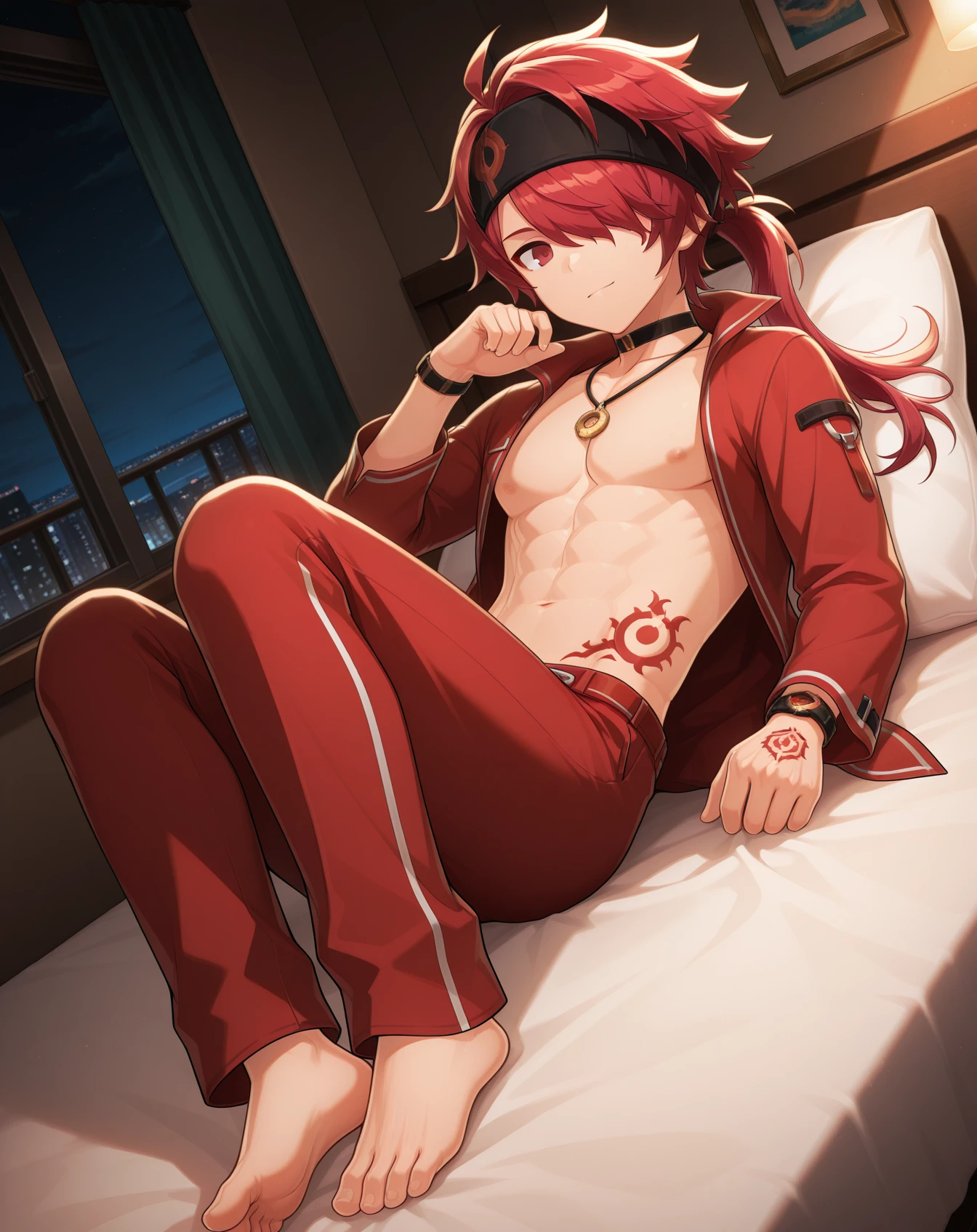 (masterpiece, best quality), 1boy, younge boy，infancy，Young age，dress room，Short round face，Flat chin，is shy，musculous, short red hair, blue-purple eyes, 复杂, (Baths), full bodyesbian,nakeness， White briefs,Pectoralis abdominal muscles，vivd colour,(depth of fields:1.2),(abs),Be red in the face，looking at viewert，A piano，spread their legs, ruby jeweled necklace