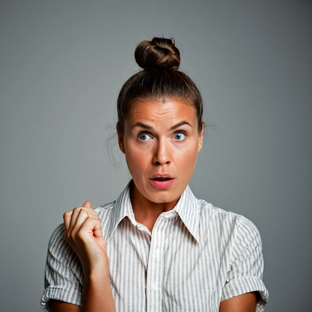 a woman with a messy bun in her hair is shrugs her hands out and looks surprised, confused expression, confused facial expression, shrugging arms, looking confused, annoyed expression, annoyed facial expression, shrugging, young angry woman, confused, not smiling, frustrated expression, irritated expression, full body sarcastic pose, surprised frown, ugly woman, frowning expression