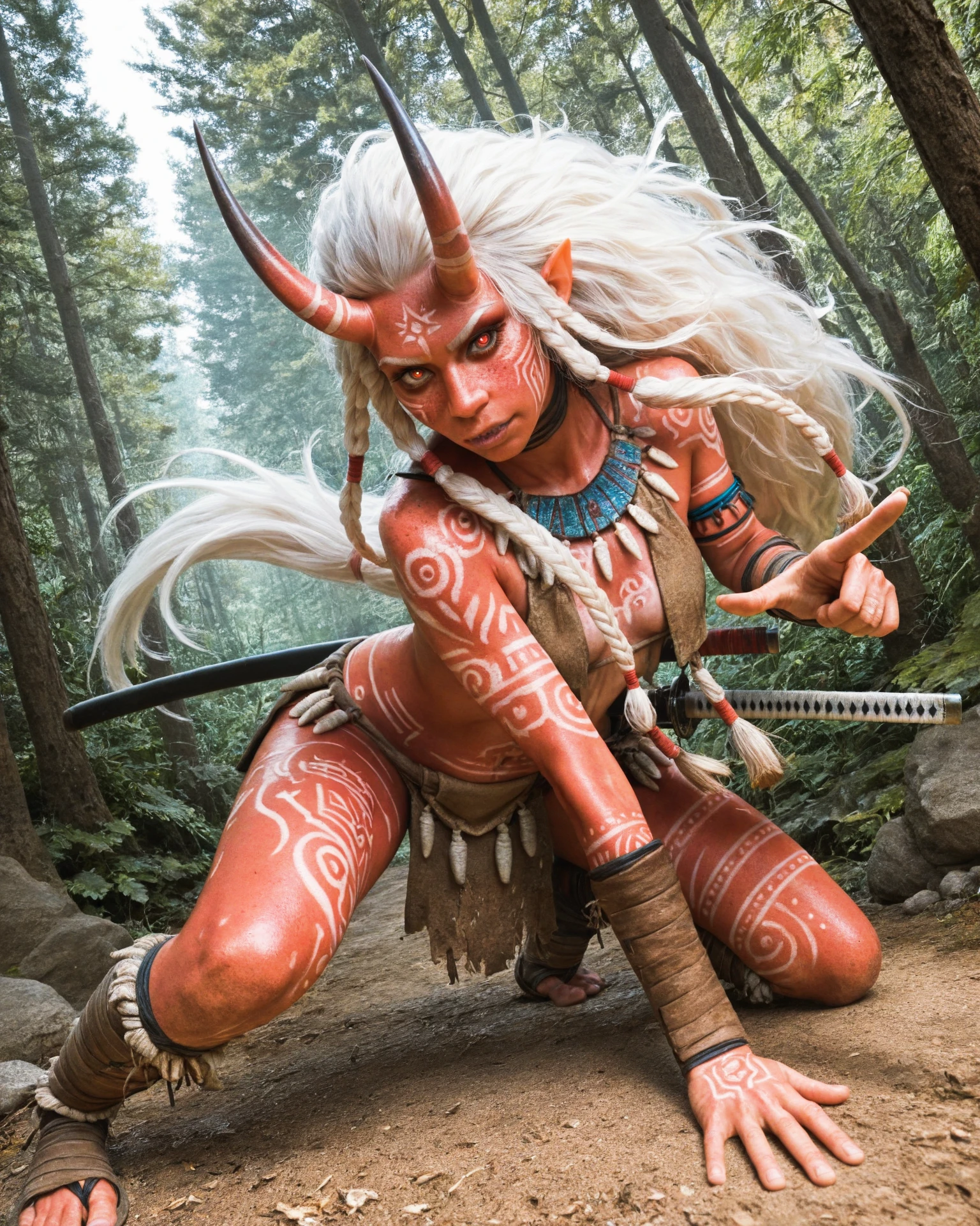 masterpiece, best quality, highres, absurdres, (realistic, photorealistic), very aesthetic, 1girl, solo, stylized, illustration, white hair, extremely long hair, red eyes, white pupils, freckles, colored skin, tribal outfit, body paint, oni, horns, mature, katana, sword, pointing, weapon, dynamic pose, perspective, looking at viewer, outdoors, nature, detailed face