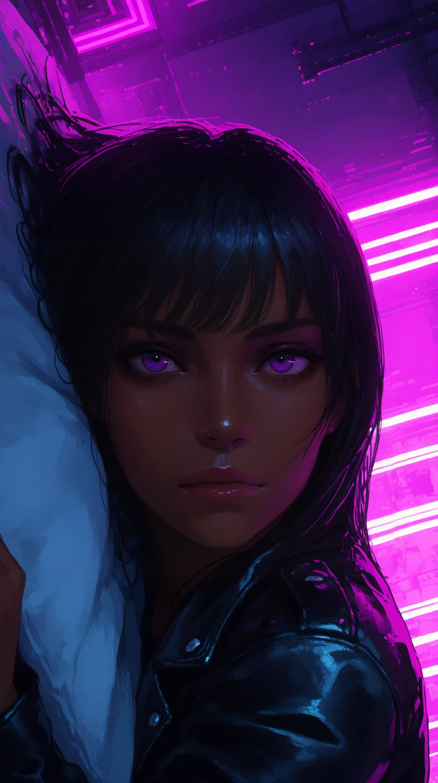 masterpiece, detailed_eyes, high_quality, best_quality, highres, absurdres, 8k, Jedst2, brushstrokes, pixel, masterpiece, best quality, 8k, DSLR photo, cinematic lighting, high detail, sharp focus, realistic skin texture, natural expression, dark-skinned beauty, laying down gracefully, leather jacket, studio backdrop, neon lighting, high angle, intense gaze, <lora:Jedst2-000006:1>