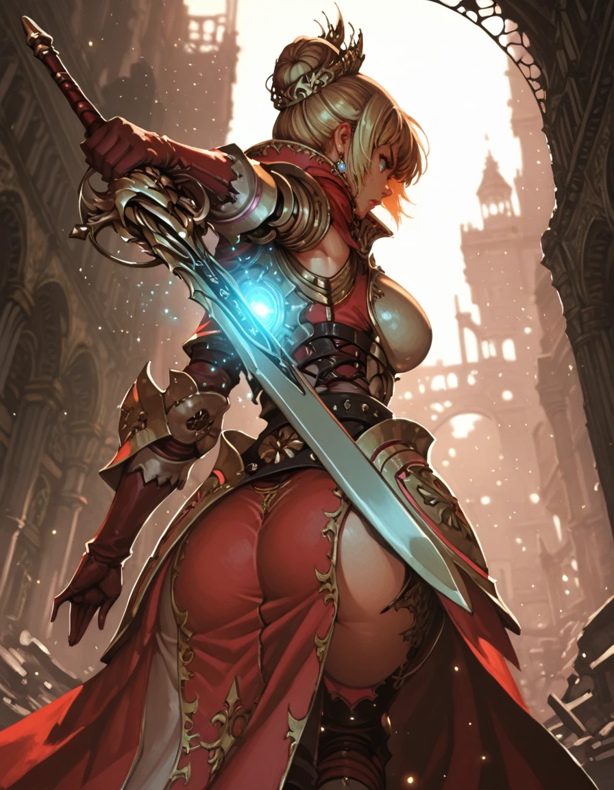 masterpiece, best quality, 1girl, solo, absurdres,
large breasts,
elizadg,
blonde hair, blue eyes, hair bun,
armor, holding sword, attack,
from behind, from below , charging with a spinning back kick, lethal precision, intense close-up, ,
fantasy, city, ruins,
blurry background, glowing, light particles,
embedding:SmoothQuality,