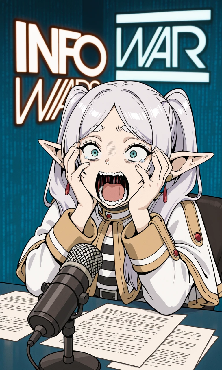 embedding:IllusP0s, info wars, white logo, blue wall, microphone, desk, 1girl, scared, screaming, hands on own face, frieren_\(sousou_no_frieren\)<lora:info_wars.safetensors:1.0:1.0>