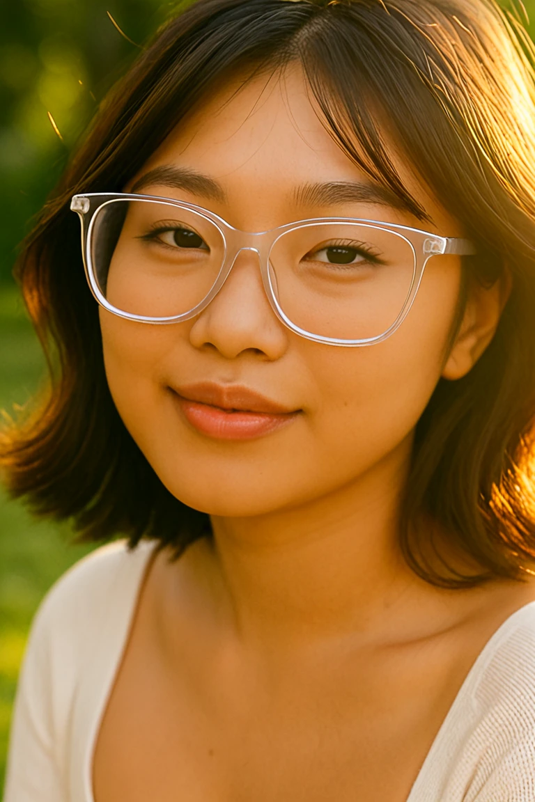 AmiGPT, young East Asian woman, glowing tan skin, shoulder-length tousled brown hair, oversized clear glasses. She is captured in a close-up portrait outdoors, natural light on her face. Her expression is calm and confident with a slight closed-lip smile. Her hair is softly windblown, and the background is blurred greenery. Focus on facial consistency, skin tone, and glasses rendering. Ultra-sharp detail, shallow depth of field, 85mm lens effect.