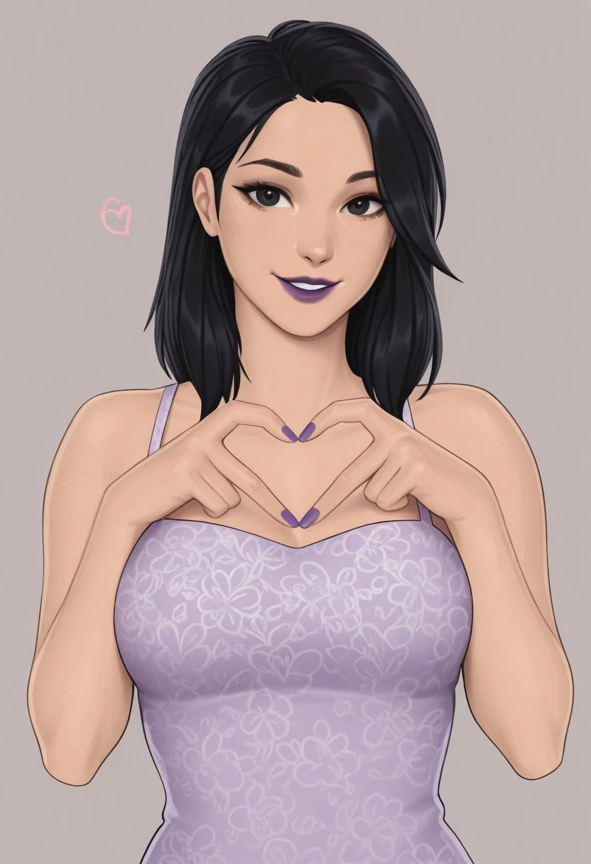 z4cussy, 1girl, solo, medium build, medium hair, sfw, safe for work, covered skin, flowy dress, black eyes, purple lipgloss, smiling, portrait, upper body, heart hands