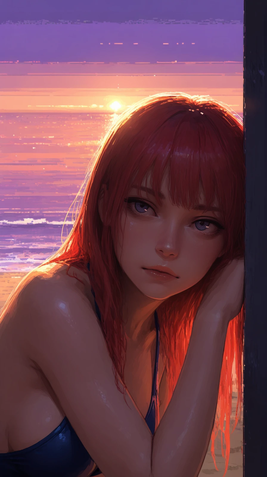 masterpiece, detailed_eyes, high_quality, best_quality, highres, absurdres, 8k, Jedst2, brushstrokes, pixel, masterpiece, best quality, 8k, DSLR photo, cinematic lighting, high detail, sharp focus, realistic skin texture, natural expression, redhead model, leaning on wall, swimsuit, beach at sunset, rim lighting, close-up portrait, intense gaze, <lora:Jedst2-000006:1>