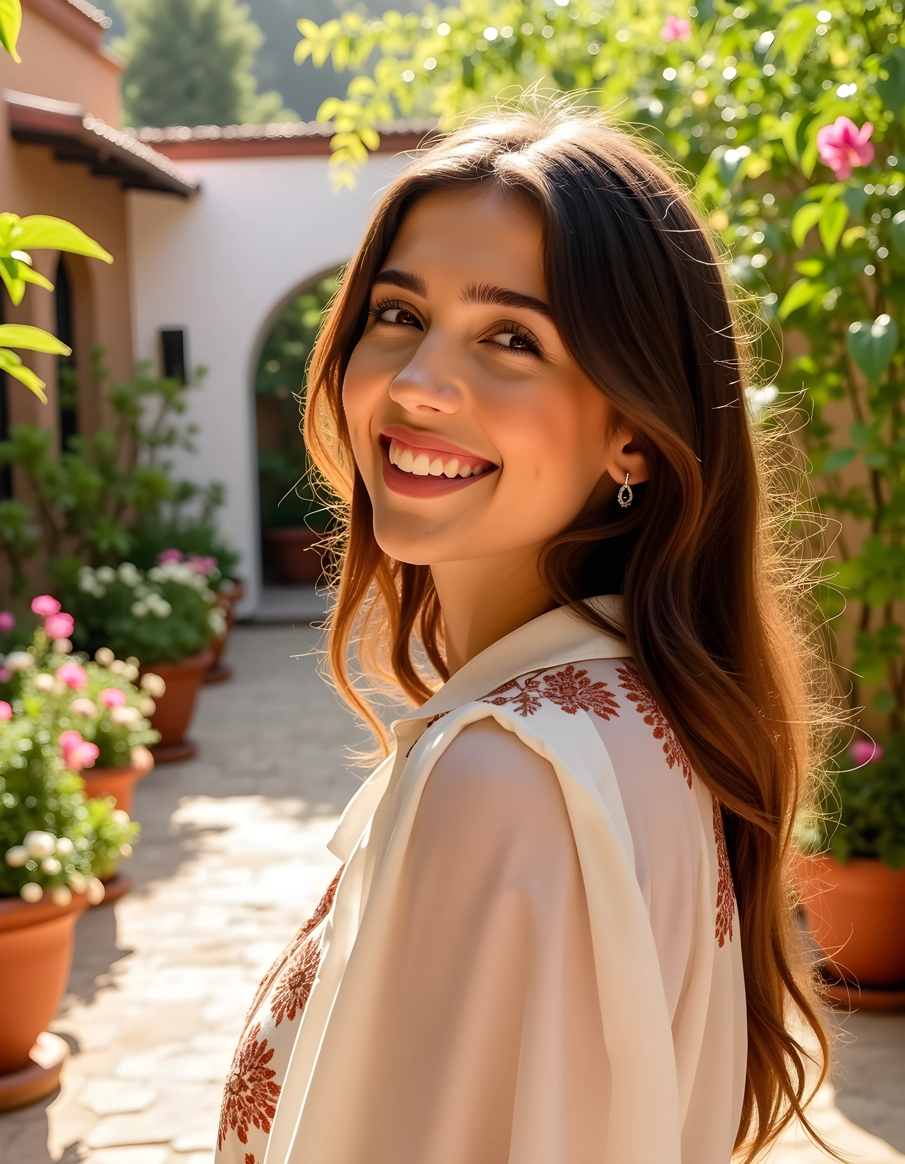 A woman solo in a dress. Summer, nostalgic, simple and beautiful color scheme, flat color, flowers, chic, red flowers, brown hair, 90s