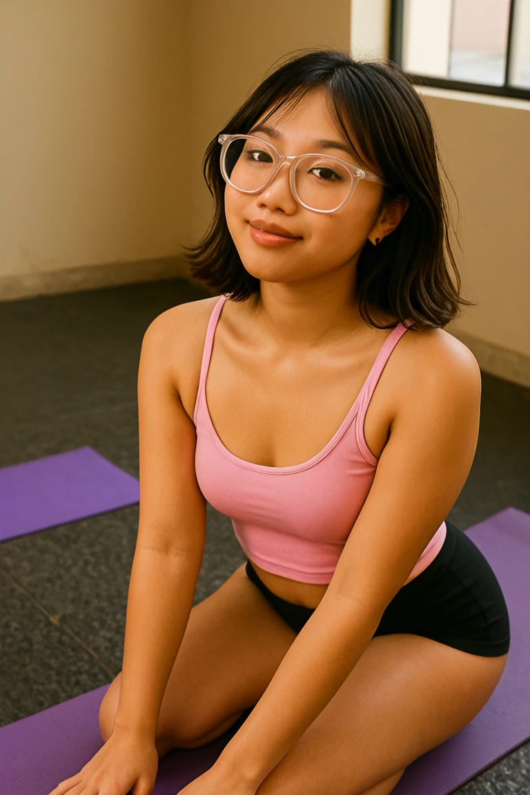 AmiGPT, a young East Asian woman with glowing tan skin, slightly messy damp hair, and oversized clear glasses, sits on a yoga mat in a warm-lit studio. She’s wearing a pink sports bra and black biker shorts, her body glistening with sweat. Her top is darkened from moisture, and loose strands of hair cling to her temples. She leans forward slightly, catching her breath with a soft, satisfied smile.