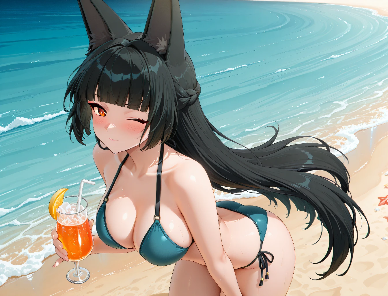 1girl, masterpiece, Atago from Azur Lane, beach, white skimpy micro bikini, full body shown, tall, slightly chubby, devious smiling face, y standing pose hips to the side, black long hair, chubby belly