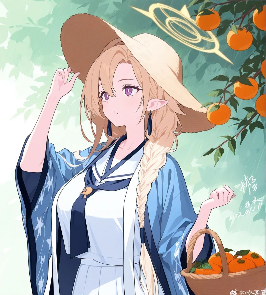 Nanakado Ayame,
yellow halo,
blond hair,long hair,single braid,hair over shoulder,ahoge,hair between eyes,
purple eyes,pointy ears,
white serafuku,blue haori,white scarf,
white tabi,blue okobo,
tassel earrings,blue earrings,
1girl, wild hips, huge breasts, basket, branch, bright pupils, collarbone, dappled sunlight, dated, day, food, from side, fruit, fruit basket, hand on headwear, hand up, hyur, leaf, looking up, mole, mole under mouth, obi, obijime, outdoors, persimmon, signature, solo, standing, sunlight, upper body, weibo logo, weibo username,
intricate details,detailed background, <lora:noobaiXLNAIXL_epsilonPred11Version-lora:0.1> <lora:Nanakado_Ayame:0.9>
